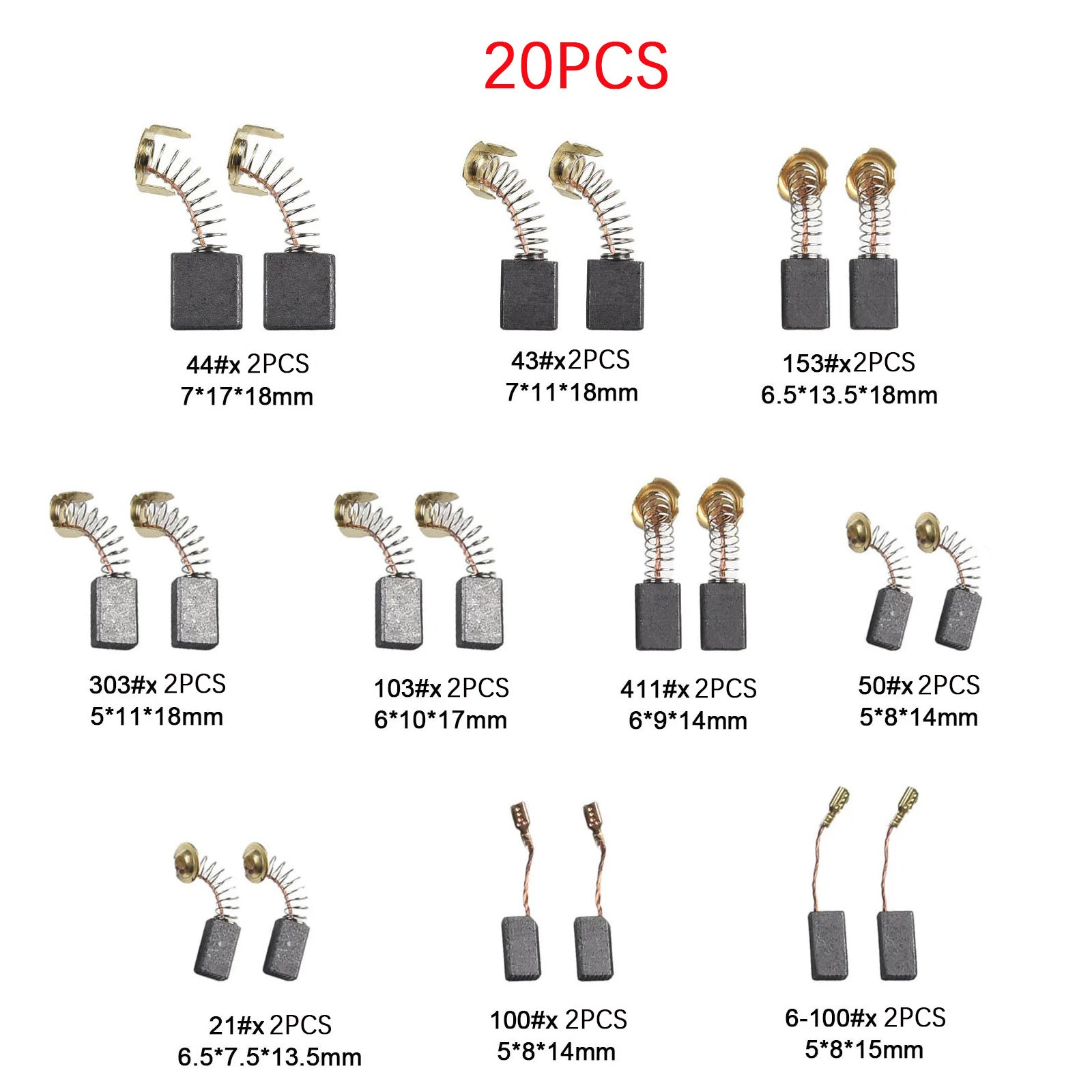 20Pcs Electric Motor Carbon Brushes 10 Sizes Replacement Repair Power Tool Part