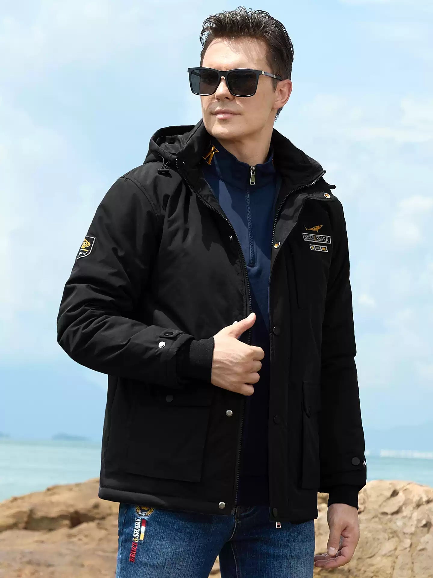Bruce & Shark jacket Autumn and winter new men's thick cotton trendy brand embroidered loose cardigan coat plus size cotton jacket