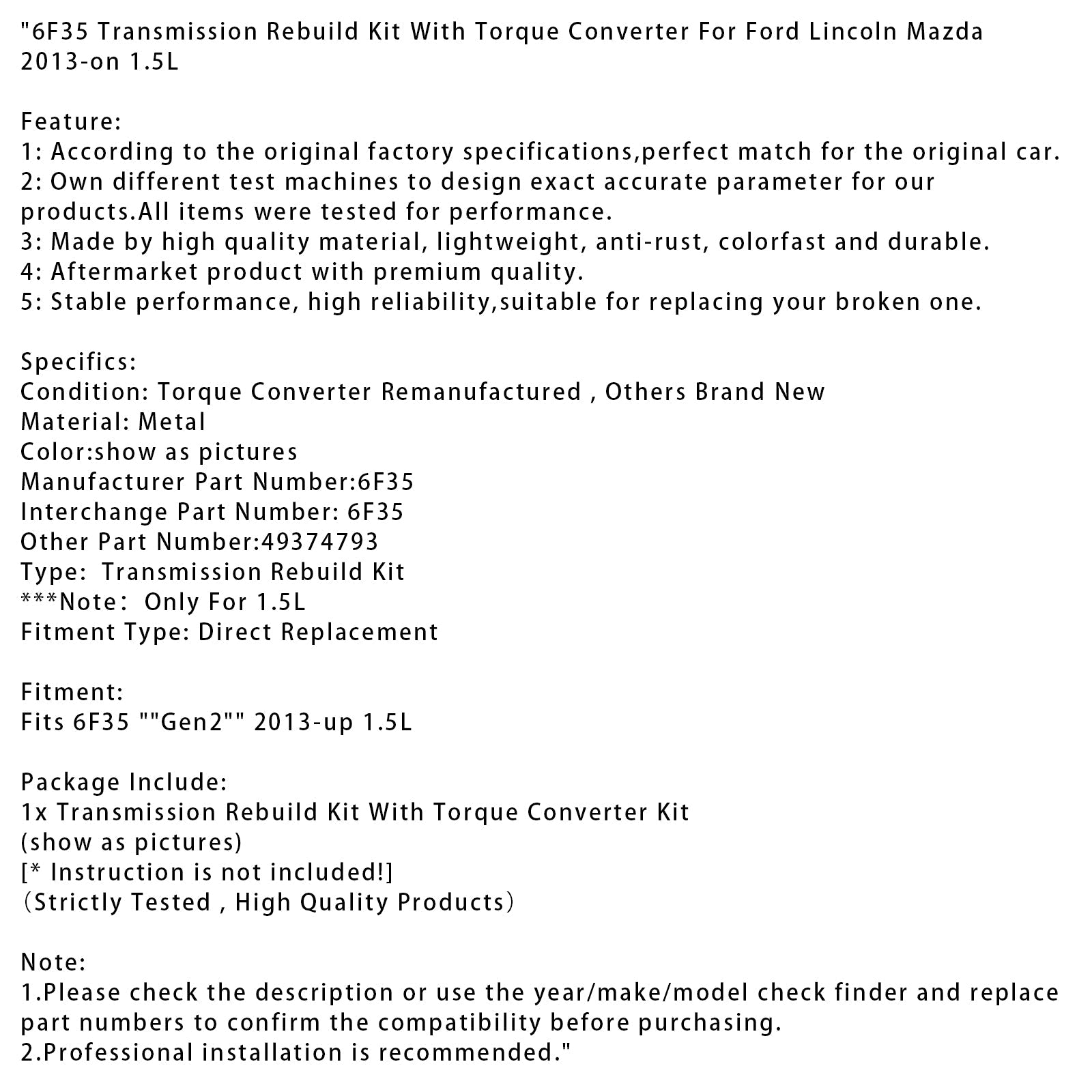 2013-on Ford 1.5L 6F35 Transmission Rebuild Kit With Torque Converter