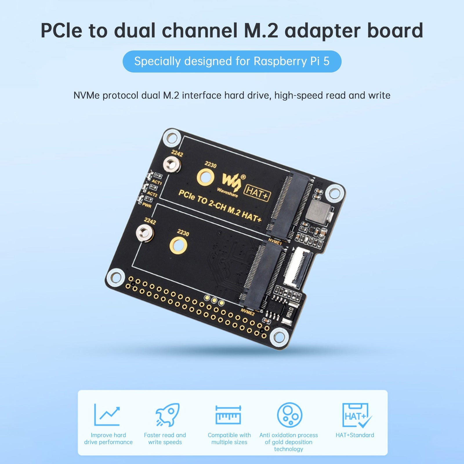 Raspberry Pi 5th Generation PCIe to Dual-Channel M.2 Hard Drive Expansion Board