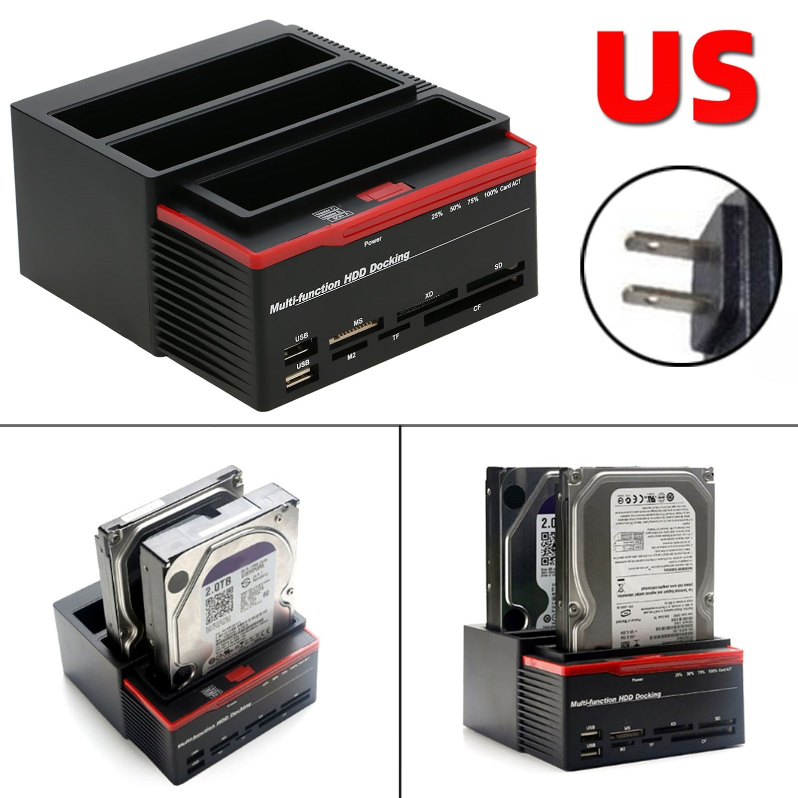 3 IDE SATA 2.5" 3.5" HDD Hard Drive Disk Clone Docking Station Card Reader US