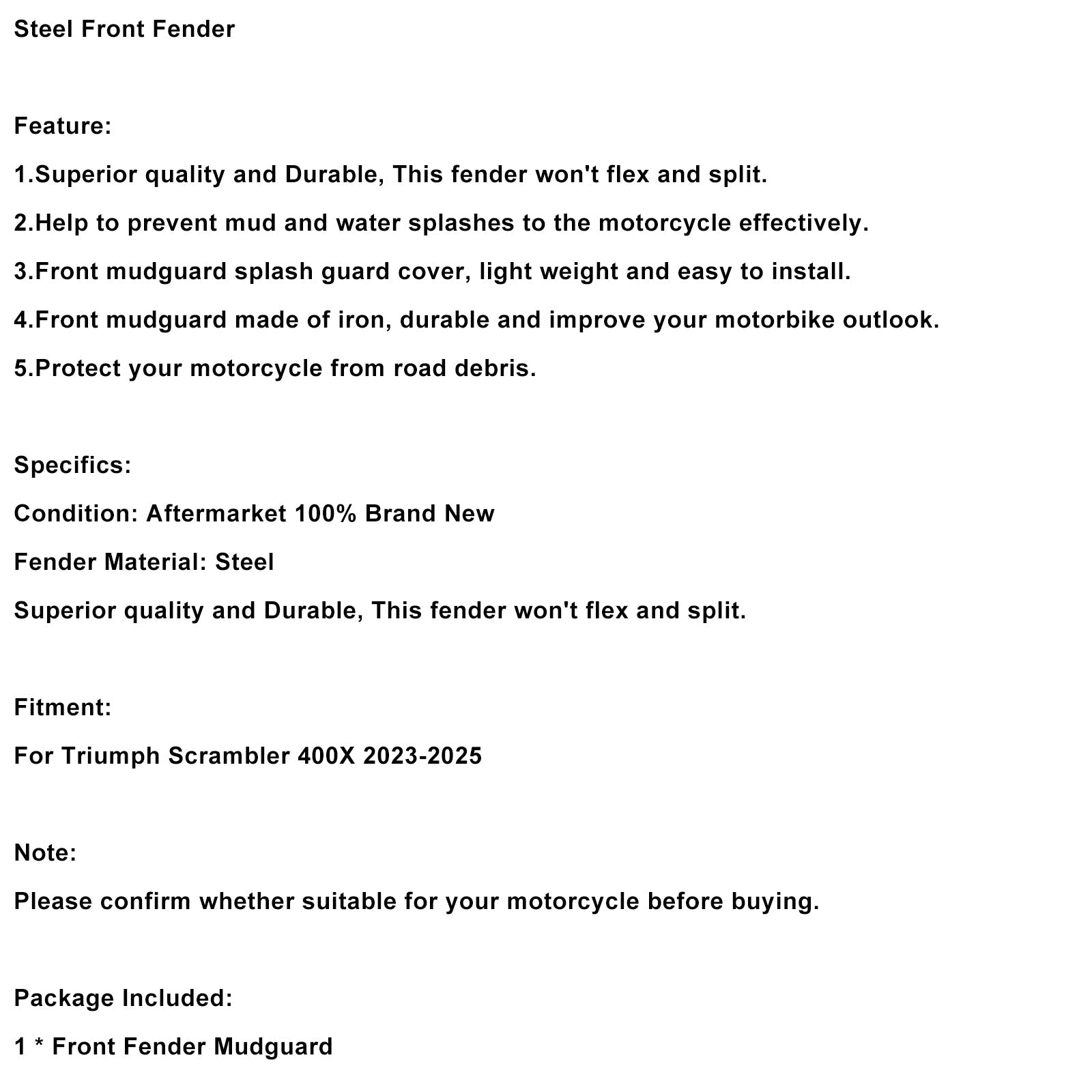 2023-2025 Scrambler 400X Steel Front Fender Mudguard