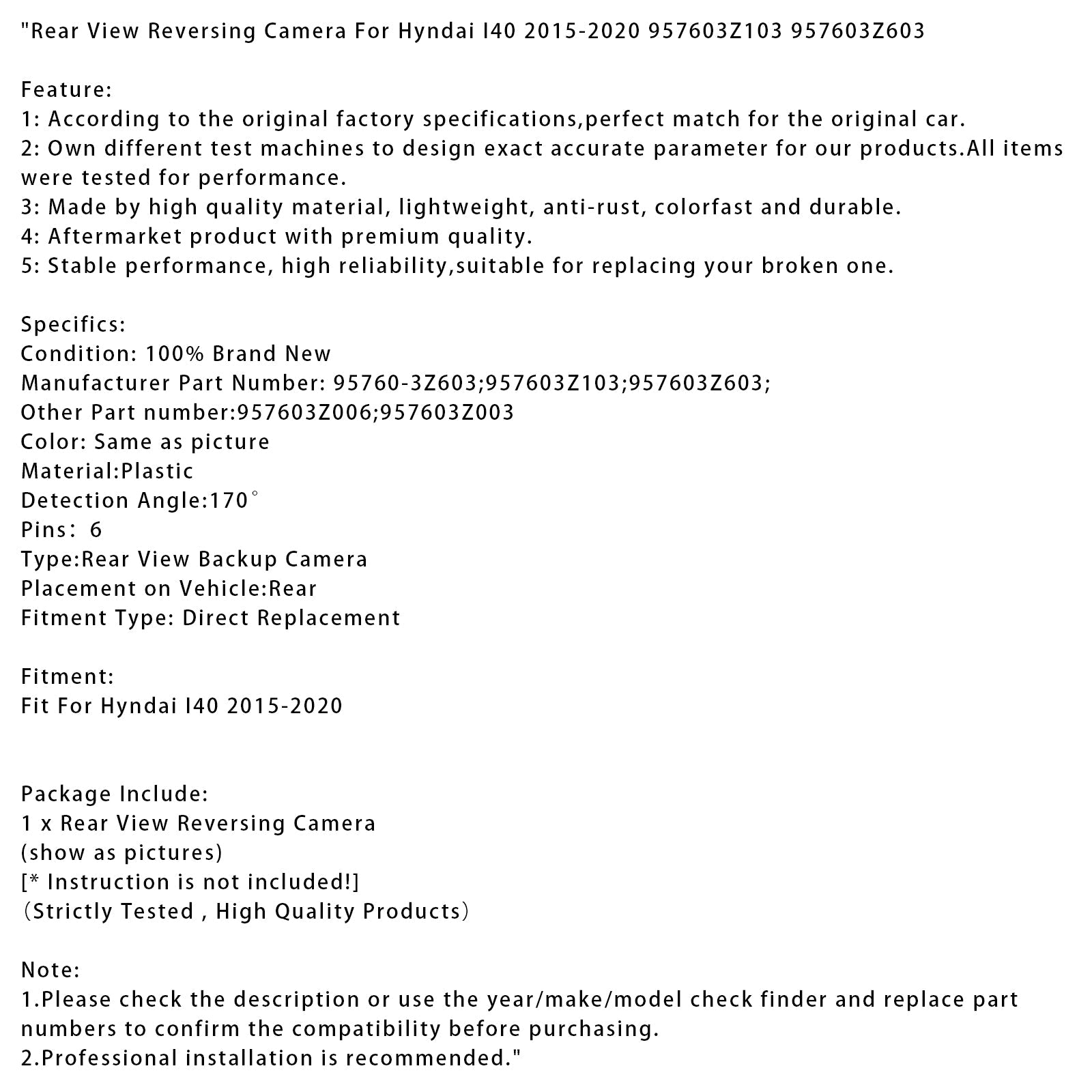 Rear View Reversing Camera For Hyundai I40 2015-2020 957603Z103 957603Z603