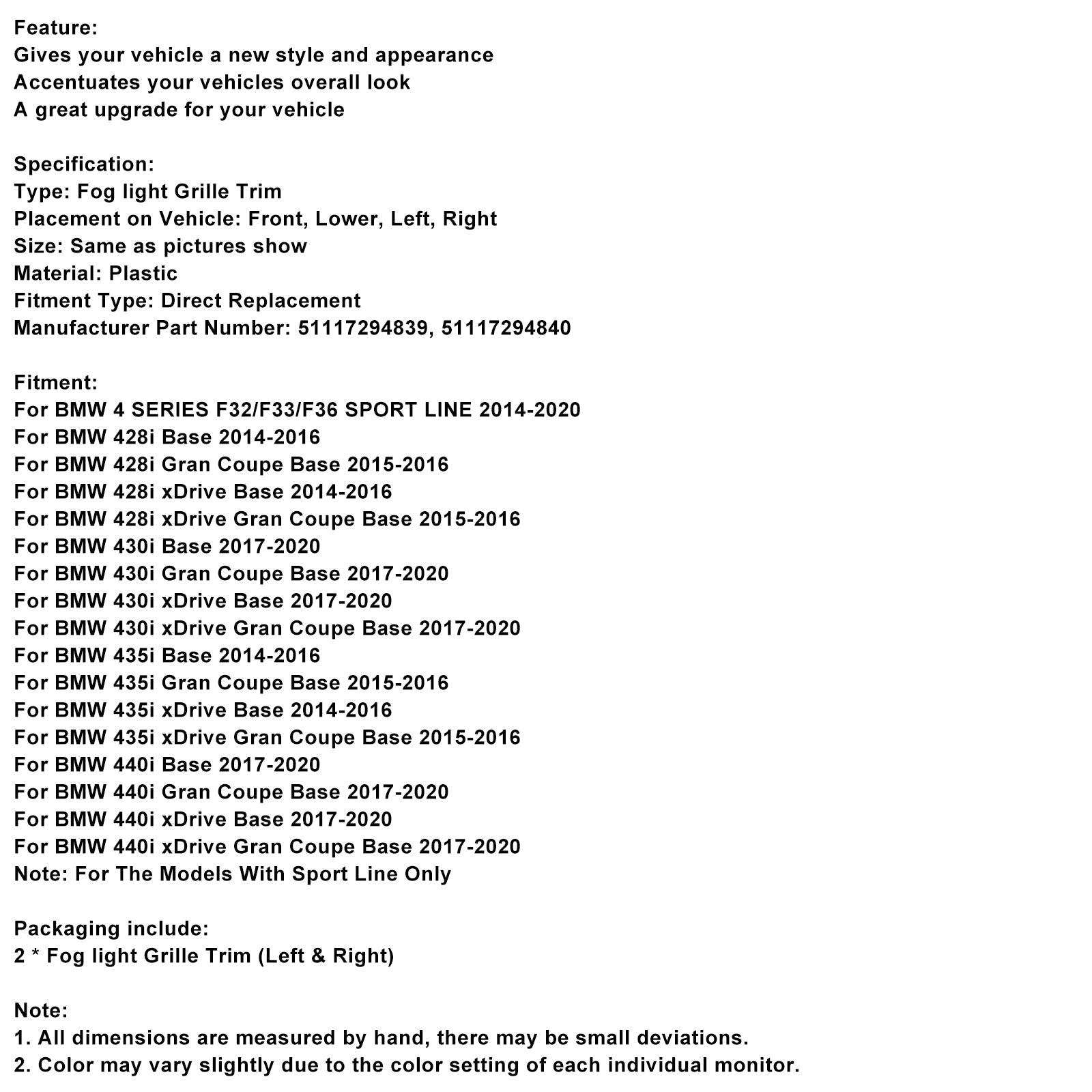 BMW 428i F32 F33 F36 Left & Right Fog Light Bezel Grille Front Bumper Trim
