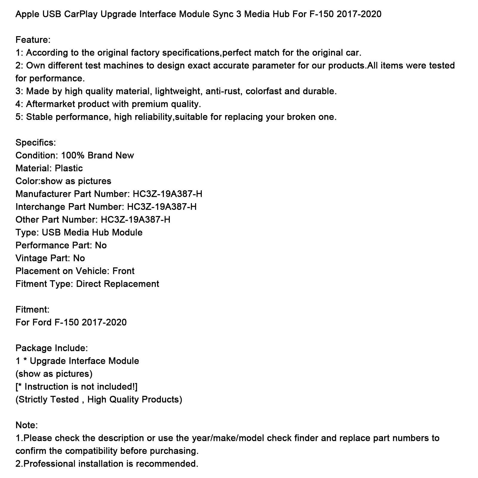 2017-2020 Ford F-150 Apple USB CarPlay Upgrade Interface Module Sync 3 Media Hub HC3Z-19A387-H