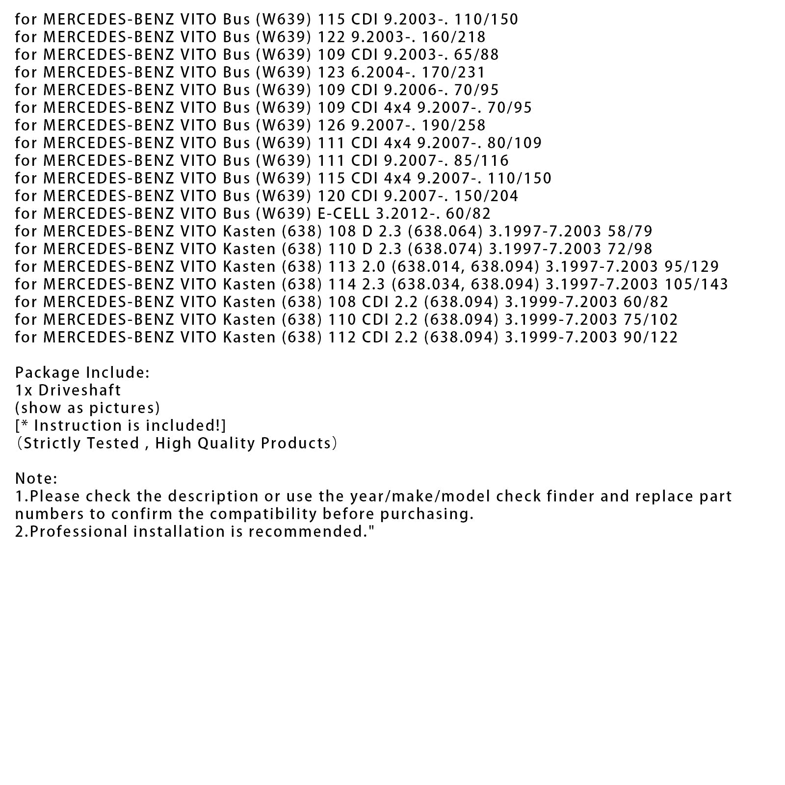 09.2003-on MERCEDES-BENZ VIANO (W639) CDI 2.0 80/109 Propshaft Drive Shaft 2211mm Length 6394103206