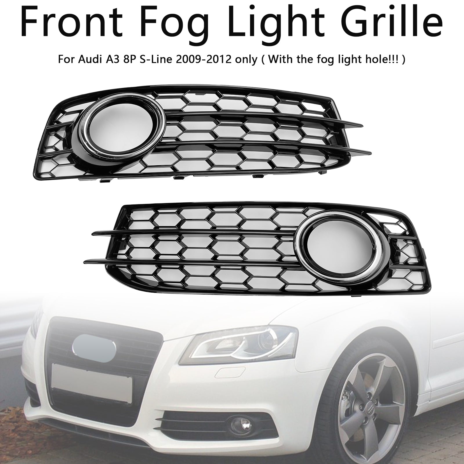 Honeycomb Front Bumper Fog Light Grille Cover Fit Audi A3 8P S-Line 2009-2012