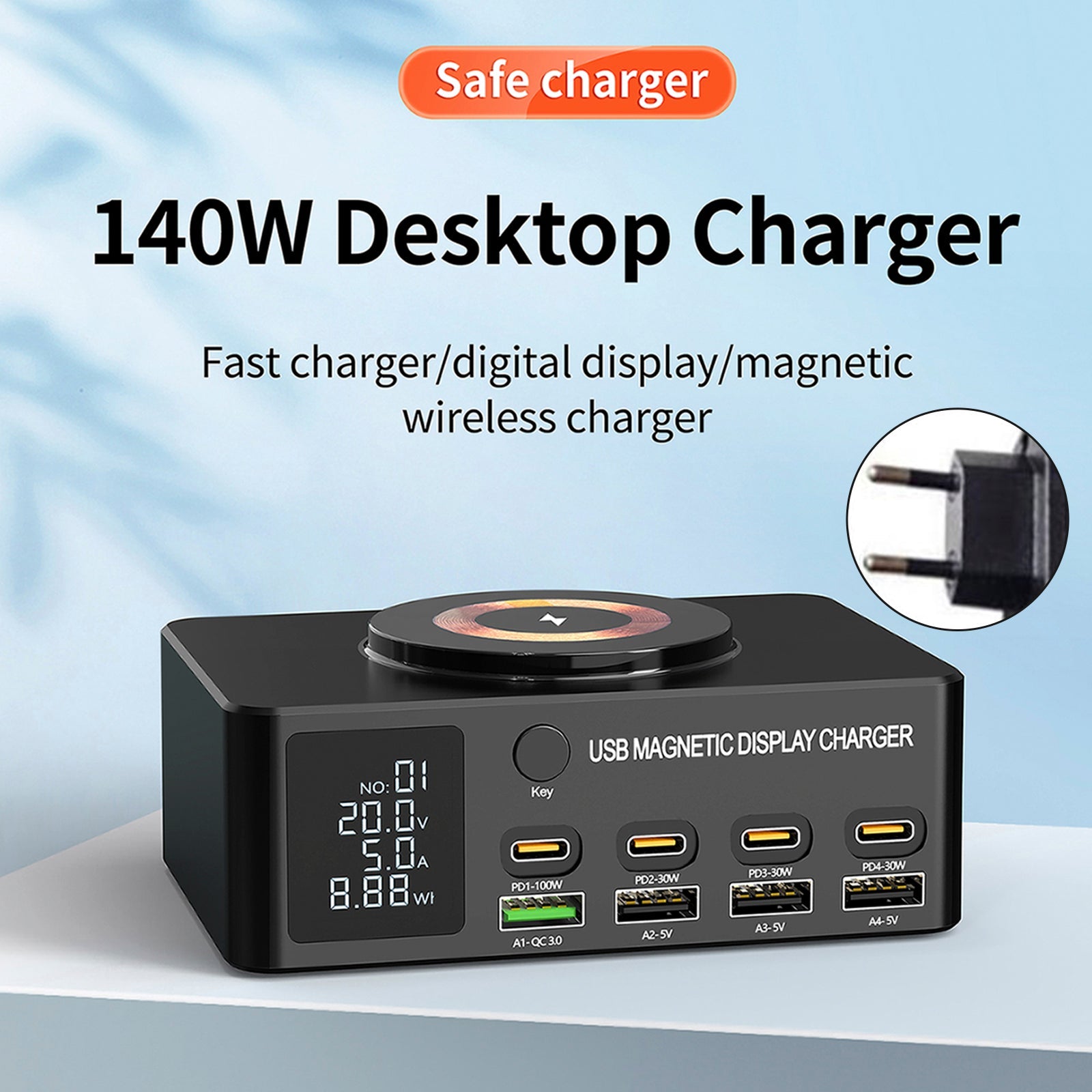 140W Fast Charging Charger Intelligent Digital Display PD100W Mobile Phone Notebook Magnetic Wireless Charging Multi-Port USB Charger EU Plug