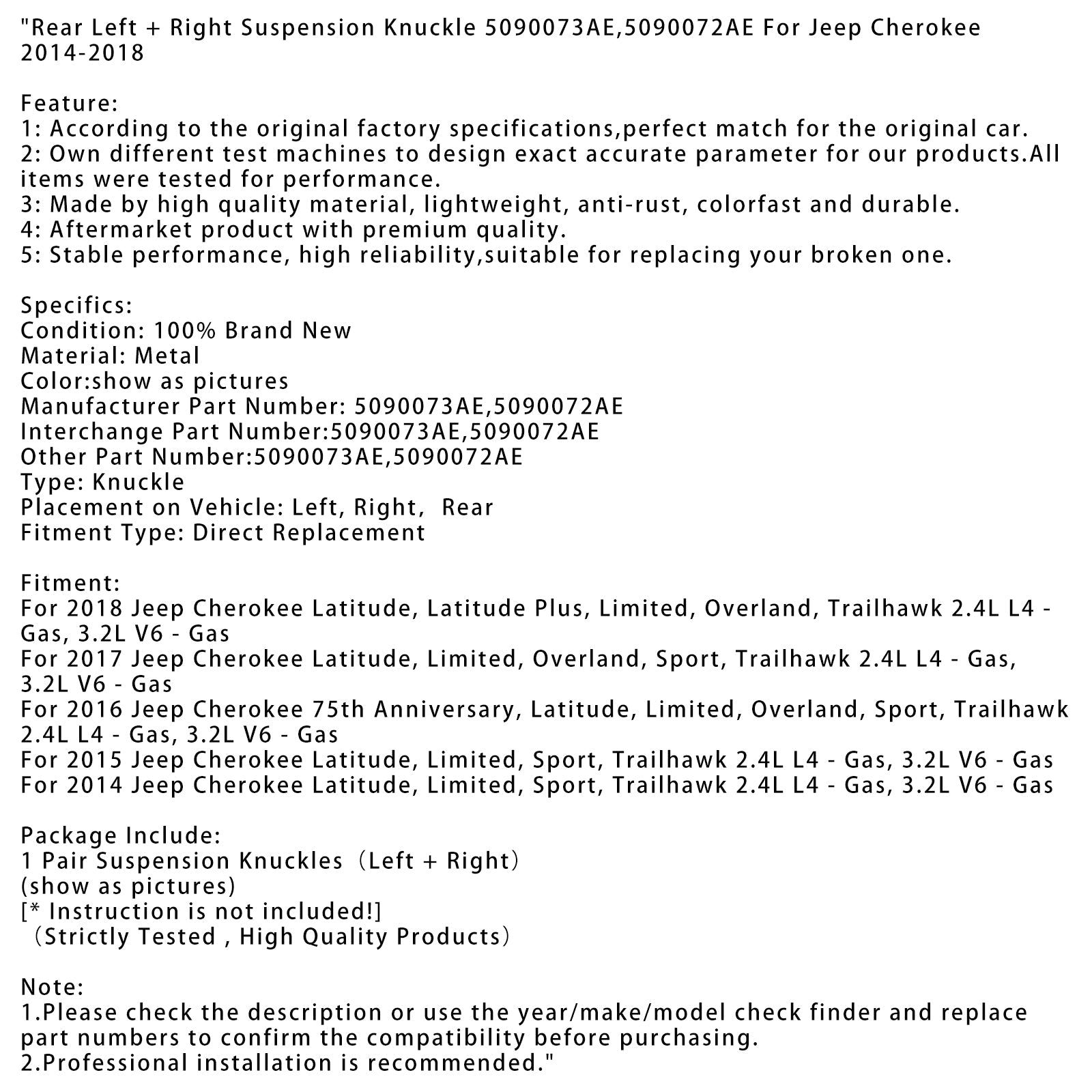 Rear Left+Right Suspension Knuckle 5090073AE For Jeep Cherokee 2014-2018