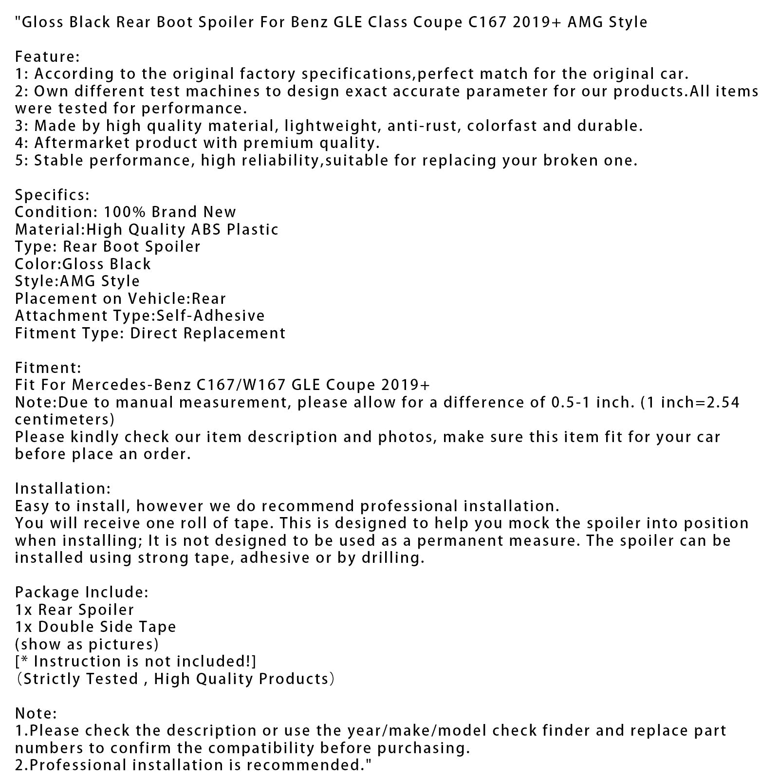 2019+ Benz GLE Class Coupe C167 AMG Style Gloss Black Rear Boot Spoiler