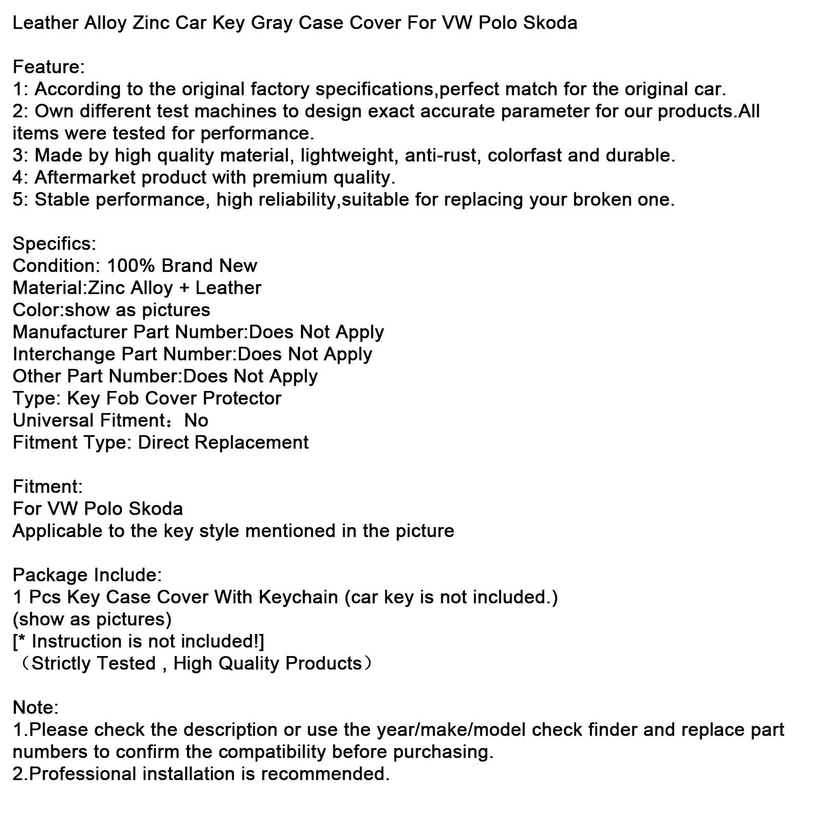 VW Polo Skoda Leather Alloy Zinc Car Key Gray Case Cover