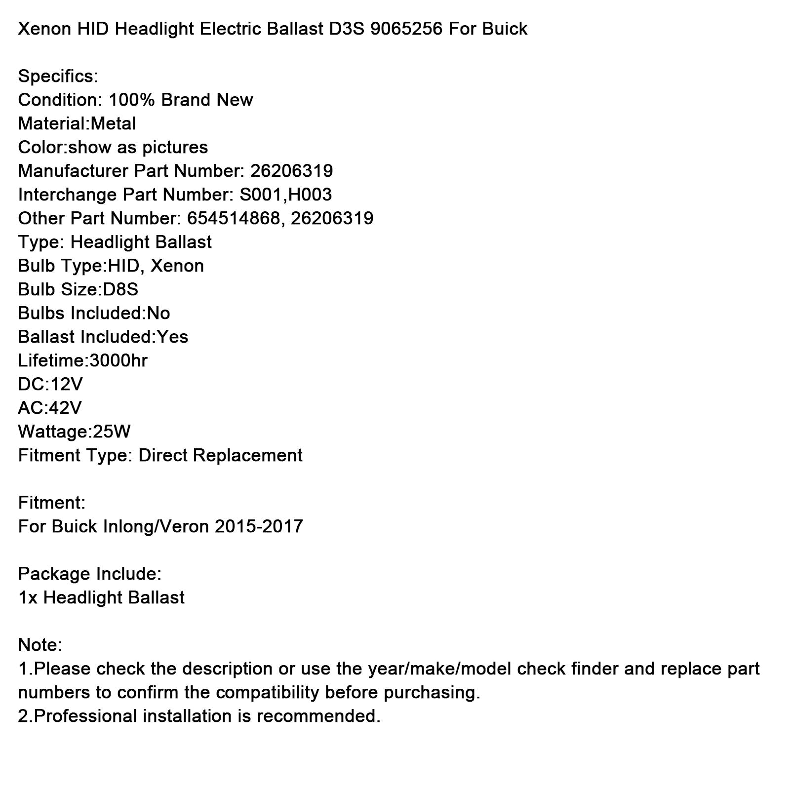 2015-2017 Buick Inlong Veron Xenon HID Headlight Electric Ballast D8S 26206319