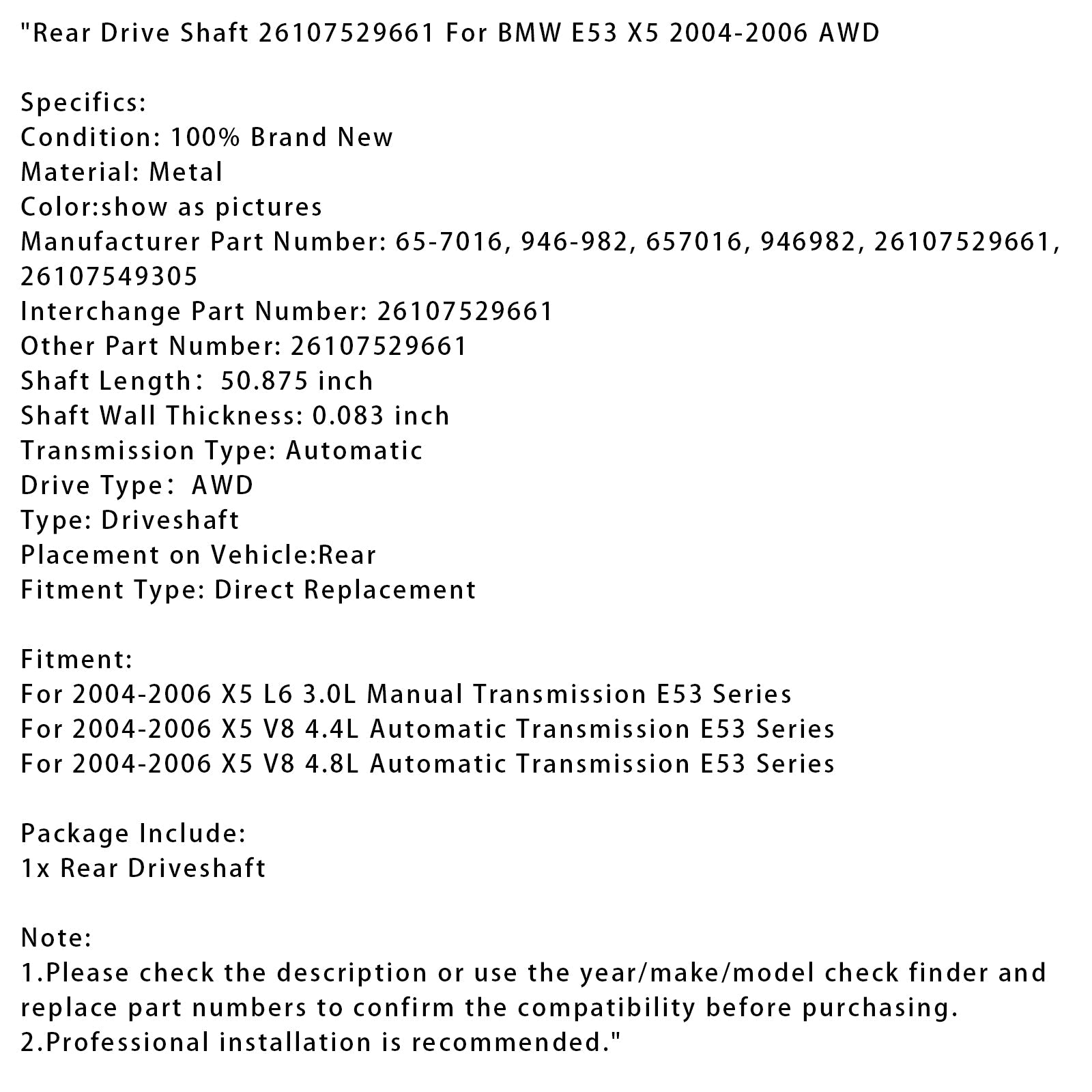 2004-2006 X5 V8 4.4L Automatic Transmission E53 Series Rear Drive Shaft 26107529661