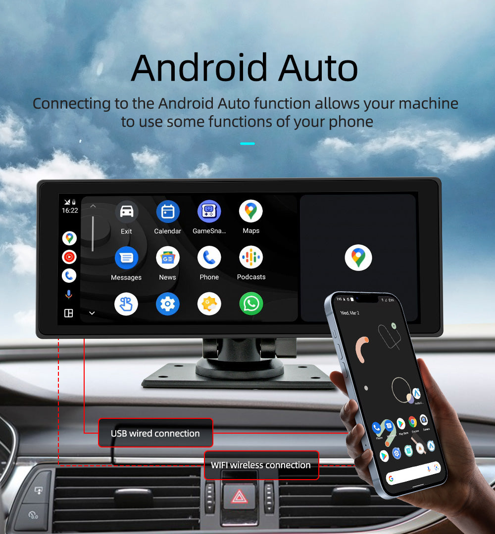 10.26" Portable Bluetooth Car MP5 Player Wireless Carplay AHD Recorder Camera