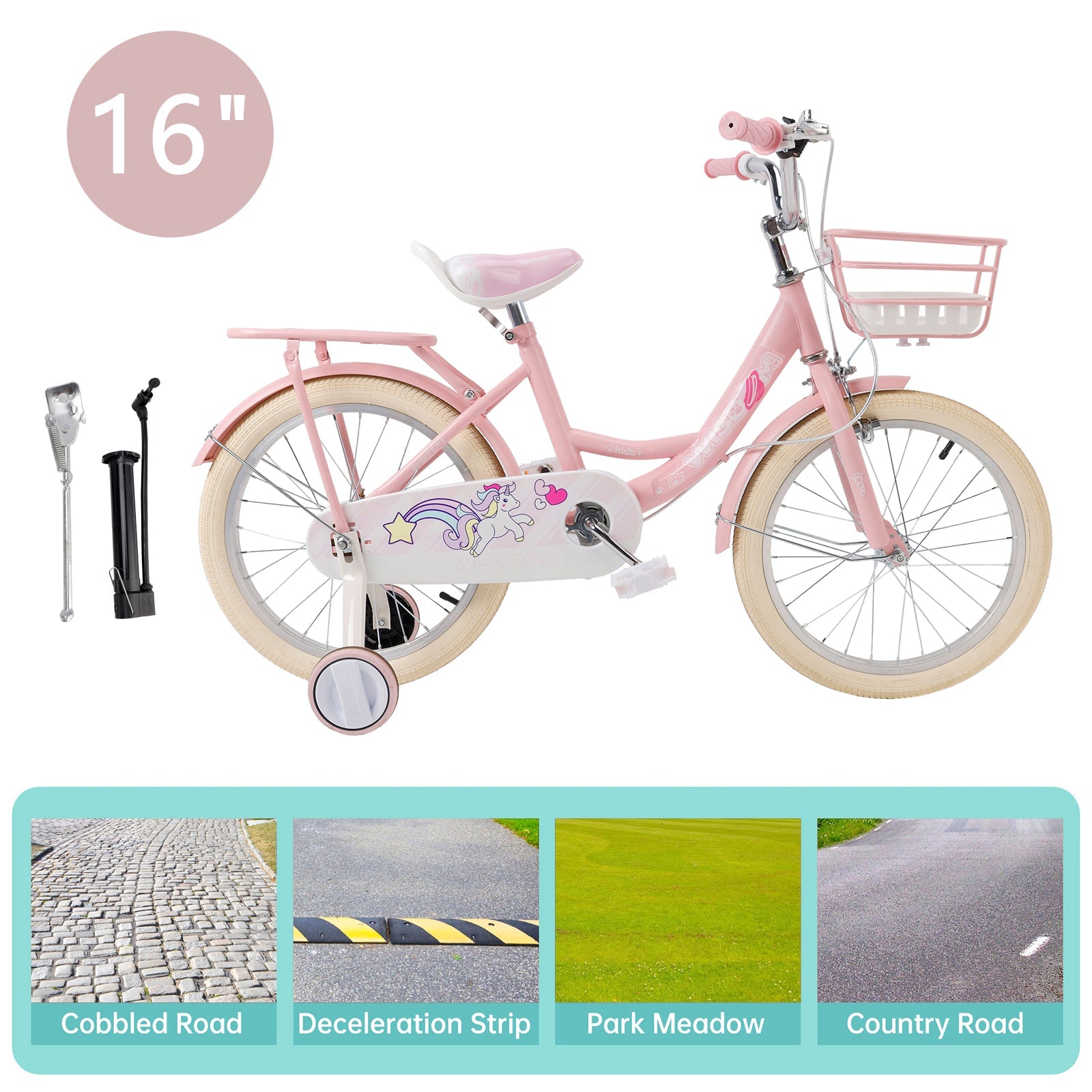 16" Child Bicycle Girls Bike with auxiliary wheels & Rack & Basket Pink