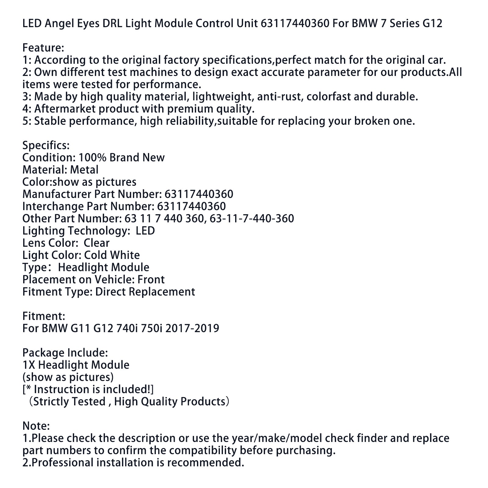2017-2019 BMW 7 Series G11 G12 740i 750i LED Angel Eyes DRL Light Module Control Unit 63117440360