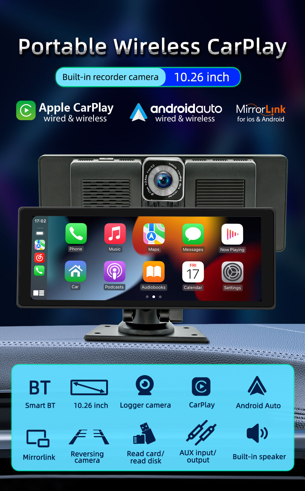 10.26" Portable Bluetooth Car MP5 Player Wireless Carplay AHD Recorder Camera