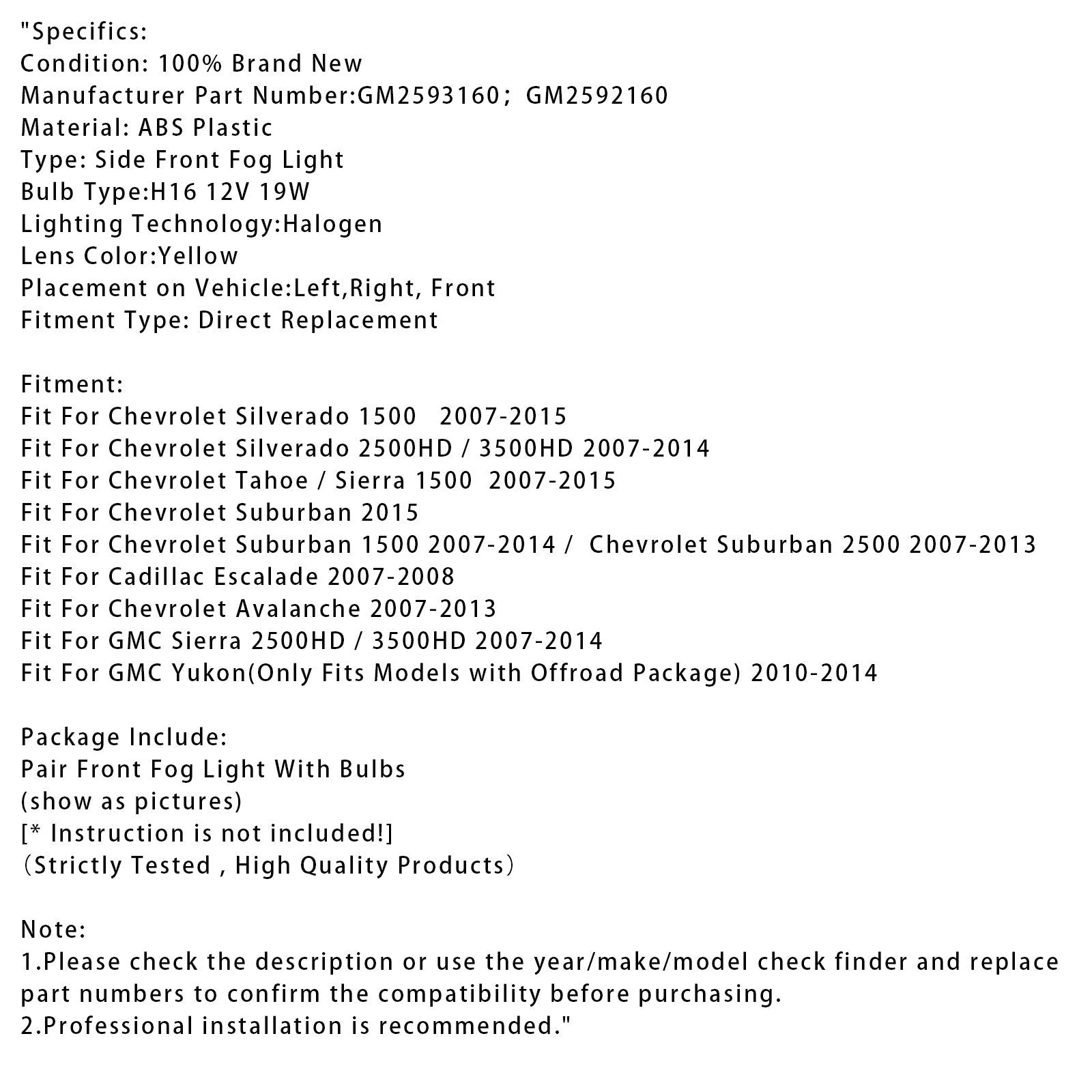 Pair  Fog Light Lamps With Bulbs For Chevy Tahoe Sierra 2007-2015  Yellow Lens