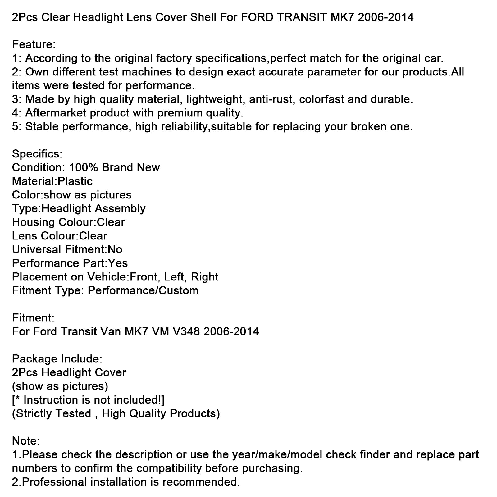 2006-2014 FORD TRANSIT MK7 2Pcs Clear Headlight Lens Cover Shell