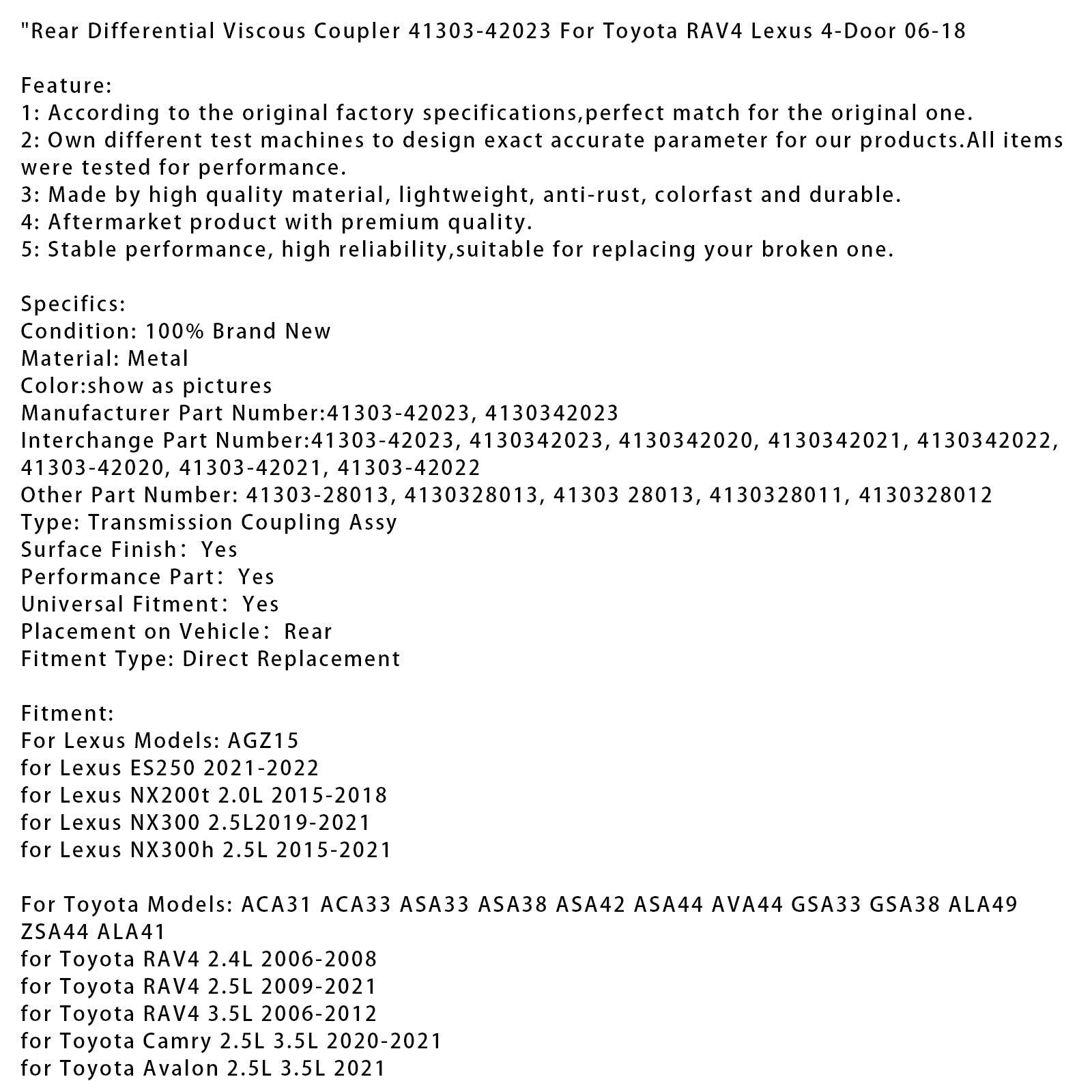 Lexus Models: AGZ15 Rear Differential Viscous Coupler 41303-42023 4130342023