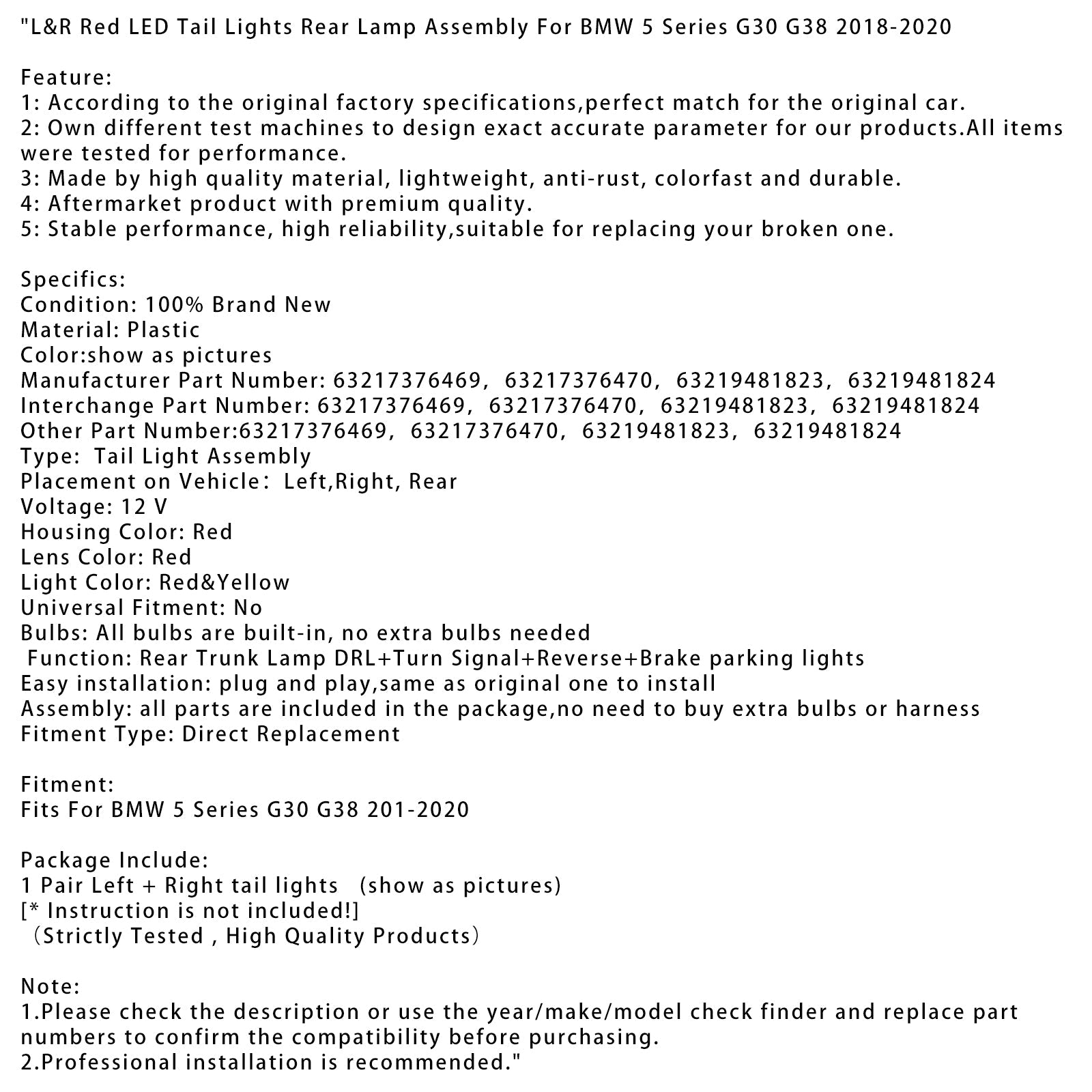 2018-2020 BMW 5 Series G30 G38 L&R Red LED Tail Lights Rear Lamp Assembly