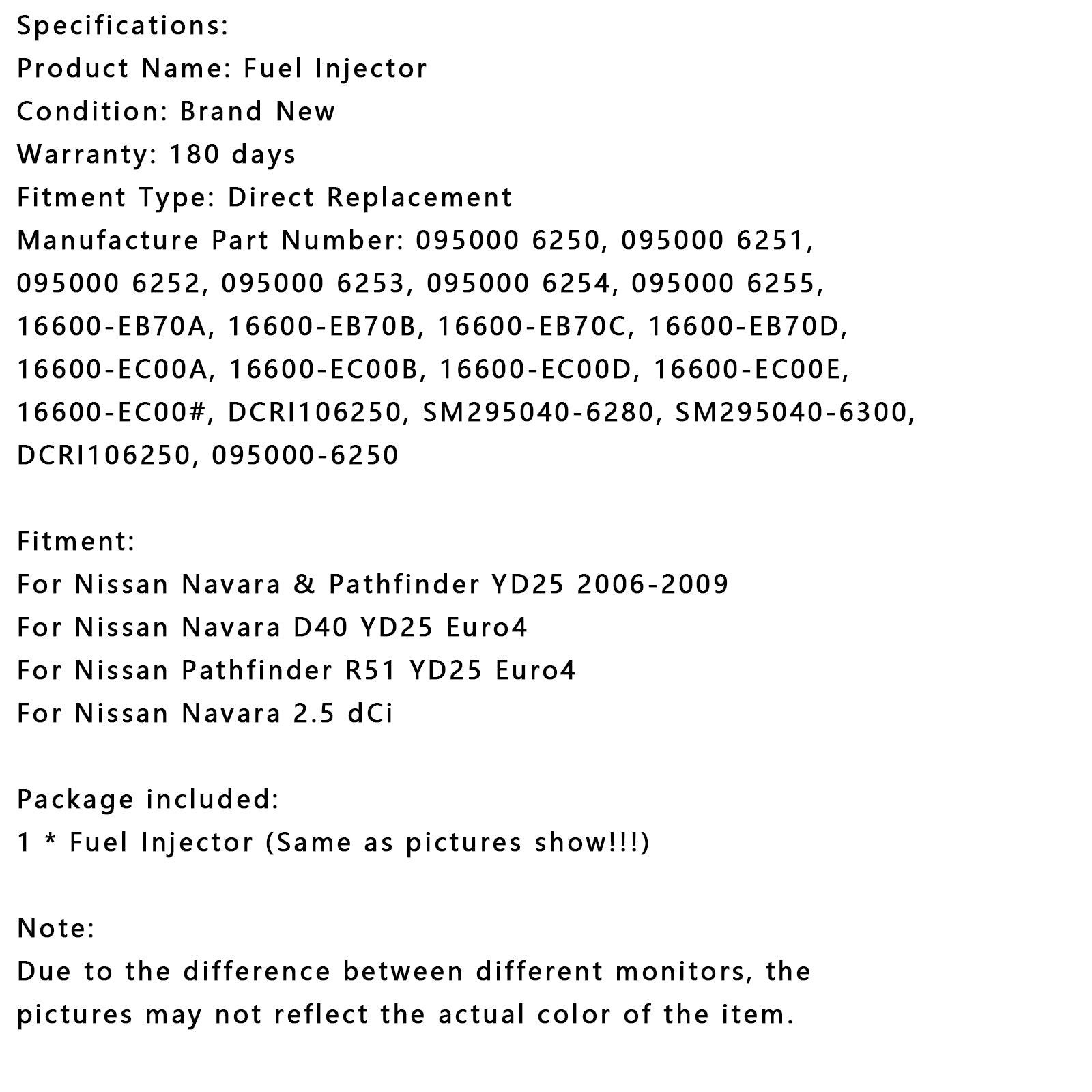 1PCS 연료 인젝터 095000-6250 FIT NISSAN NAVARA D22 D40 디젤 16600-EB70A
