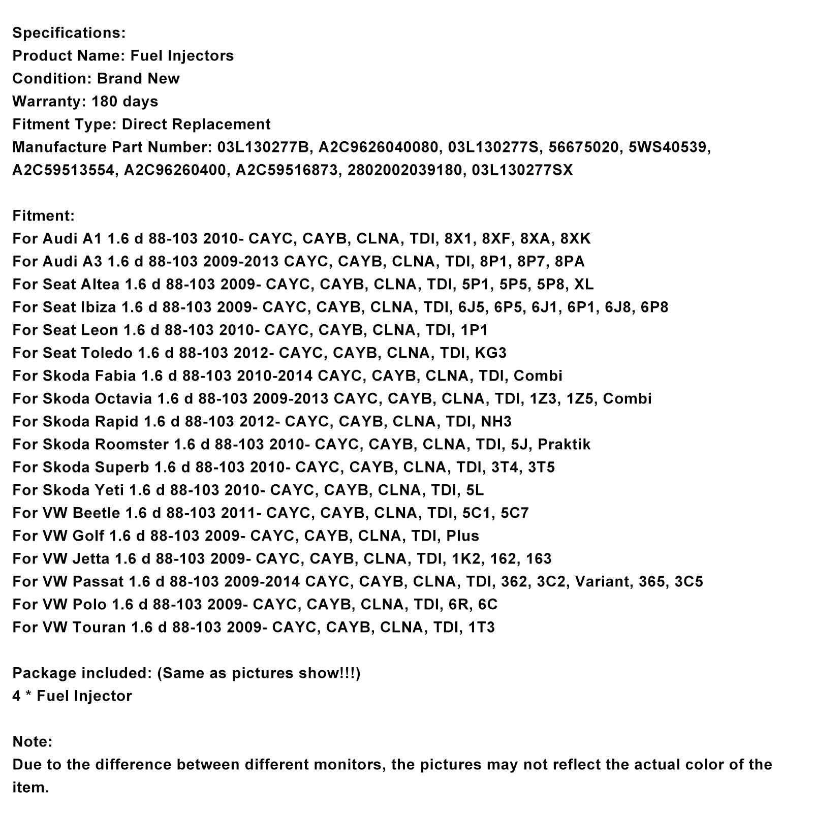 2009-2014 VW Passat 1.6 d 88-103 CAYC, CAYB, CLNA, TDI, 362, 3C2, Variant, 365, 3C5 Fuel Injector 03L130277B 03L130277S