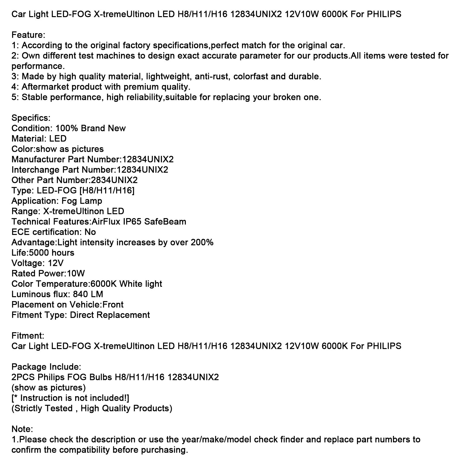 Car Light LED-FOG X-tremeUltinon LED H8/H11/H16 12834UNIX2 12V10W For PHILIPS