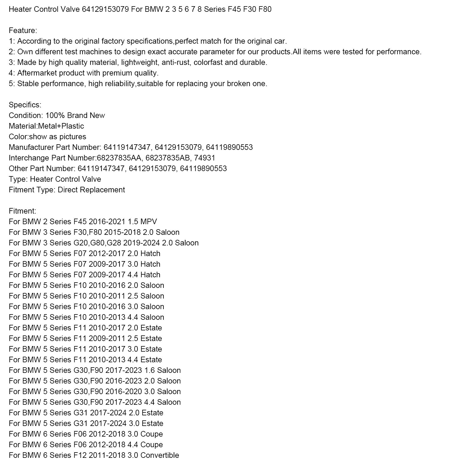 Heater Control Valve 64129153079 For BMW 2 3 5 6 7 8 Series F45 F30 F80