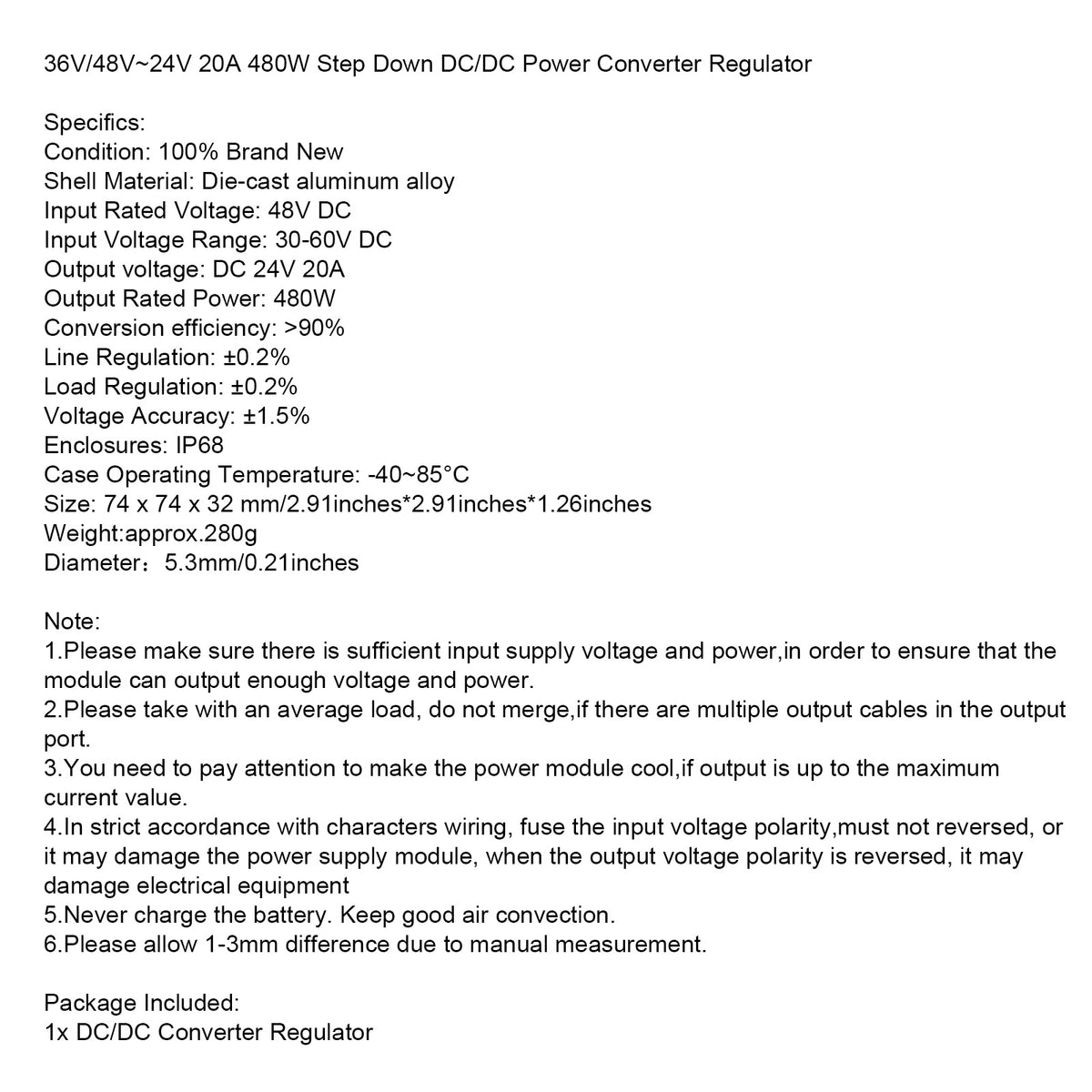 WaterProof 36V/48V to 24V 20A 480W Step Down DC/DC Power Converter Regulator