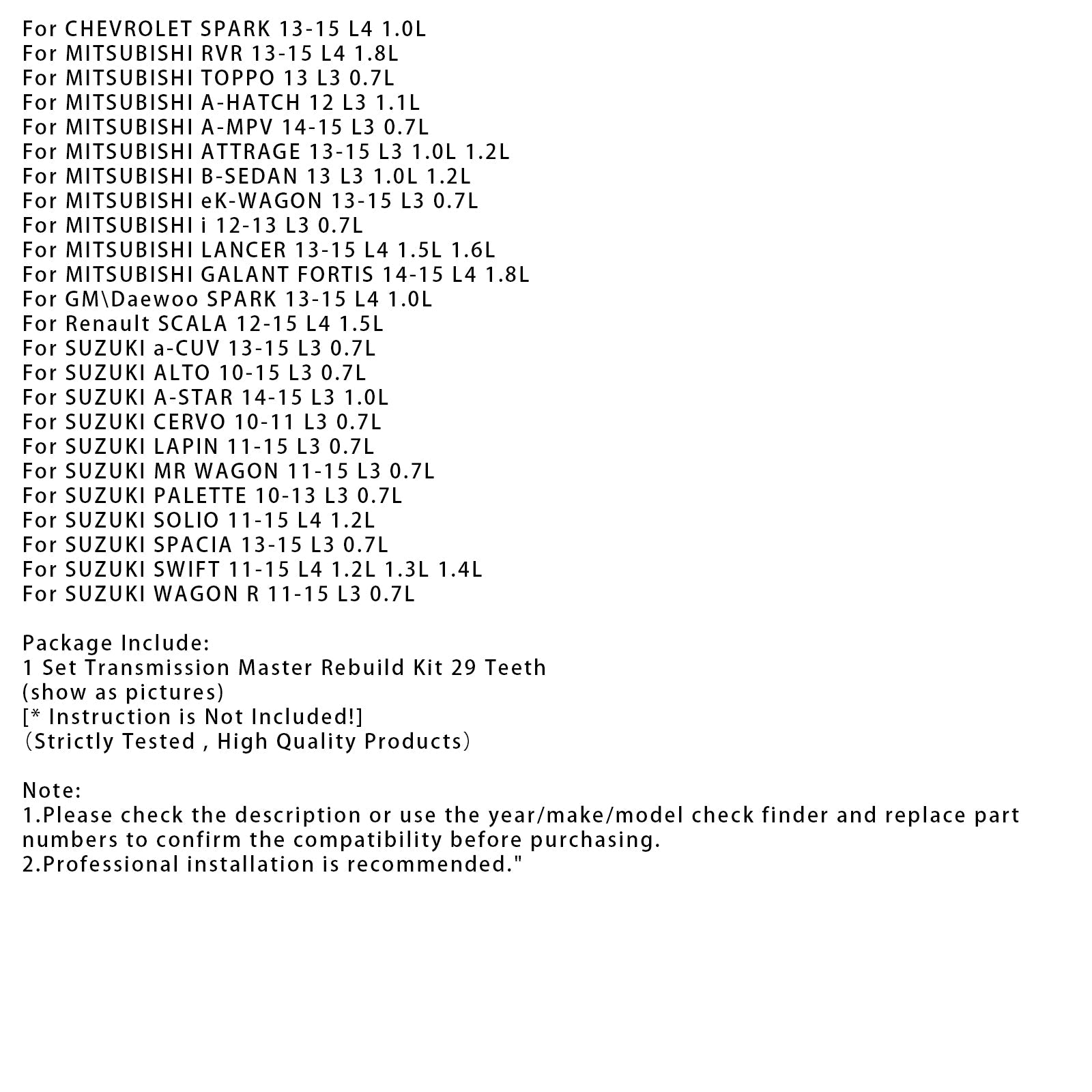 2013 MITSUBISHI B-SEDAN L3 1.0L 1.2L Transmission Master Rebuild Kit & Pulley W/ Belt JF015E RE0F11A 29T