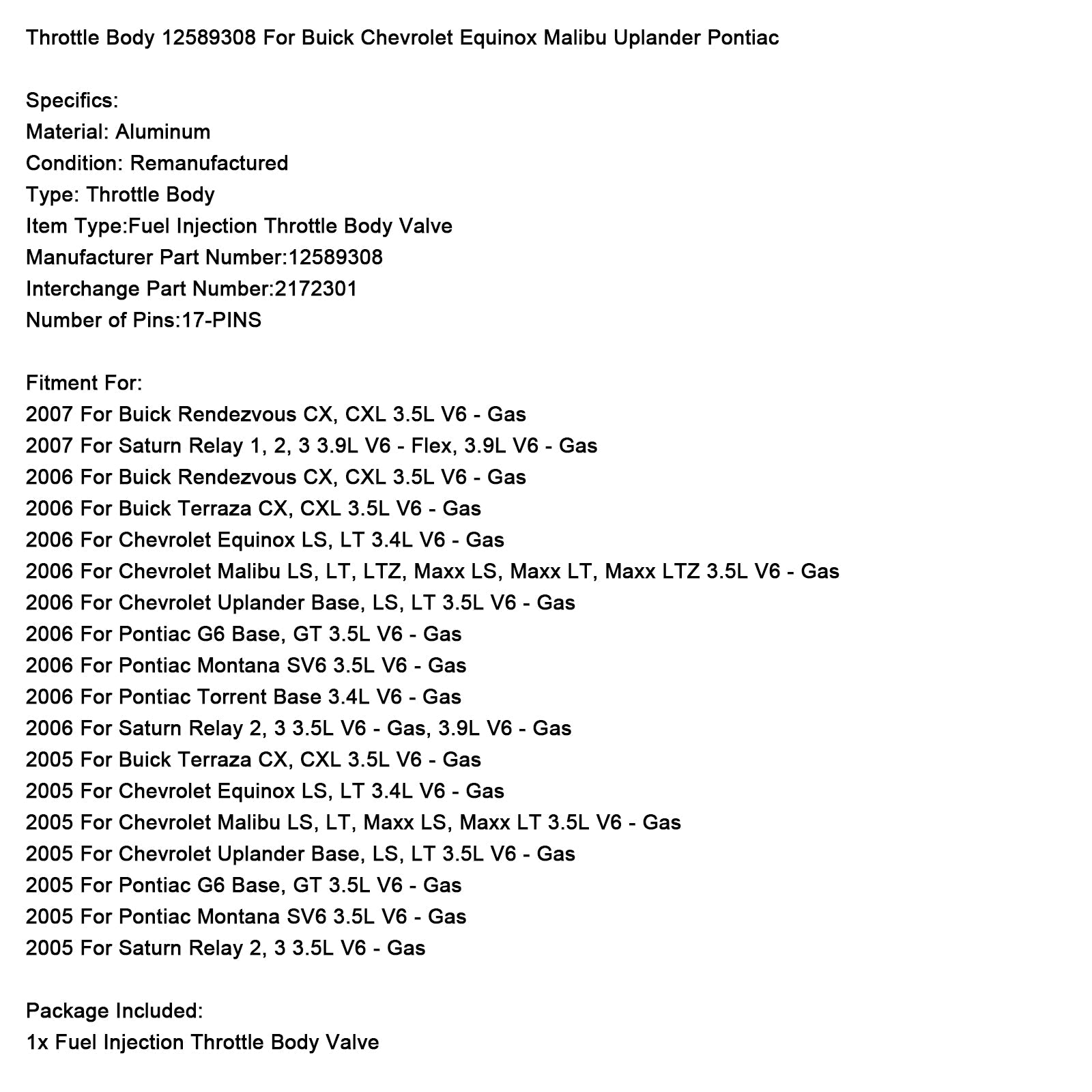 Throttle Body 12589308 For Buick Chevrolet Equinox Malibu Uplander Pontiac