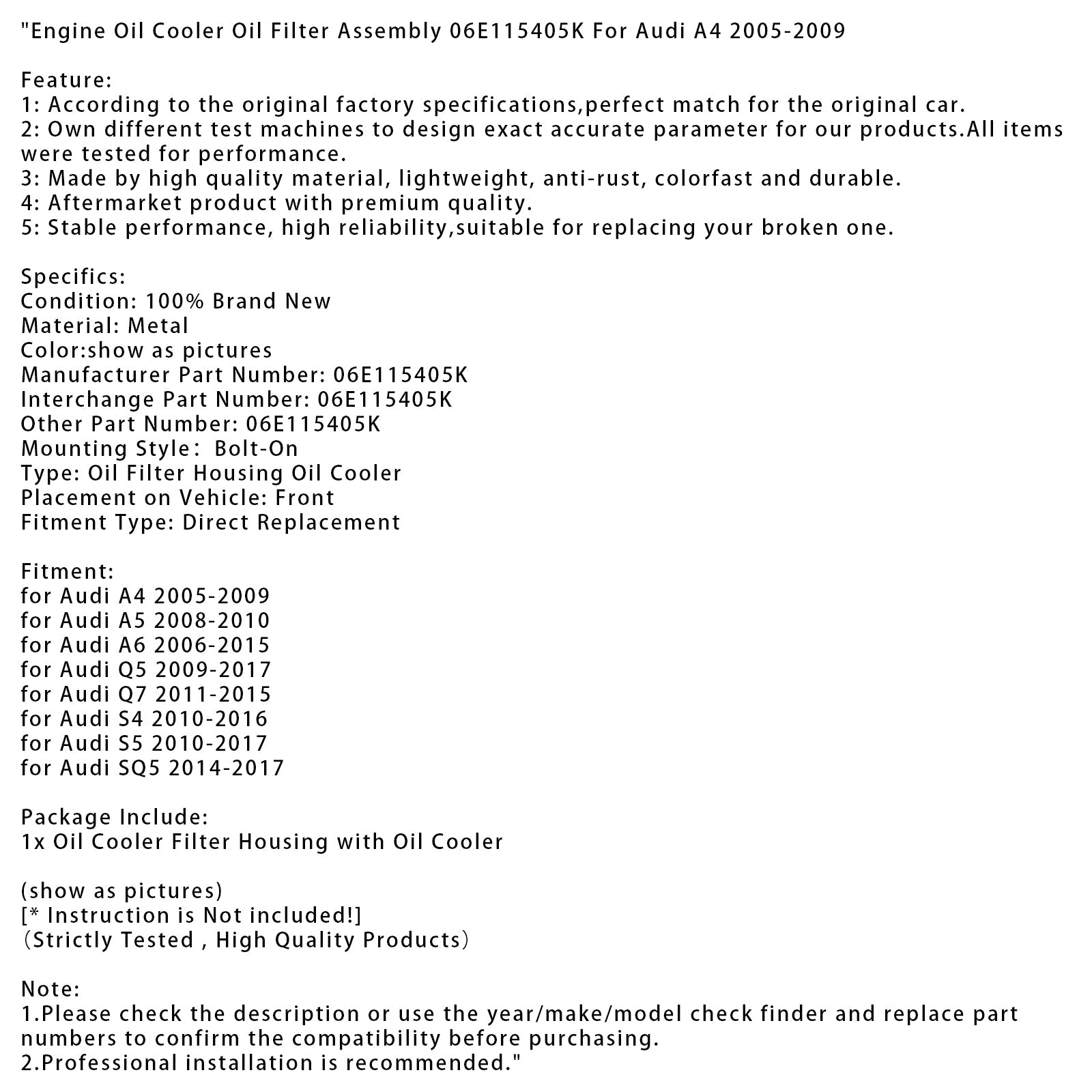 Engine Oil Cooler Oil Filter Assembly 06E115405K For Audi A4 2005-2009