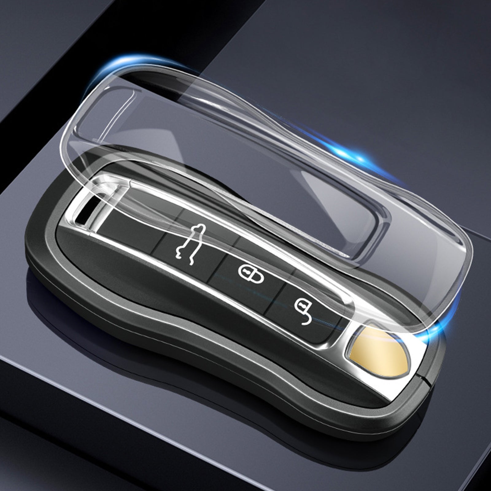 Aluminum Alloy TPU Silvery Car Key Case Cover With Buckle For Porsche Cayenne