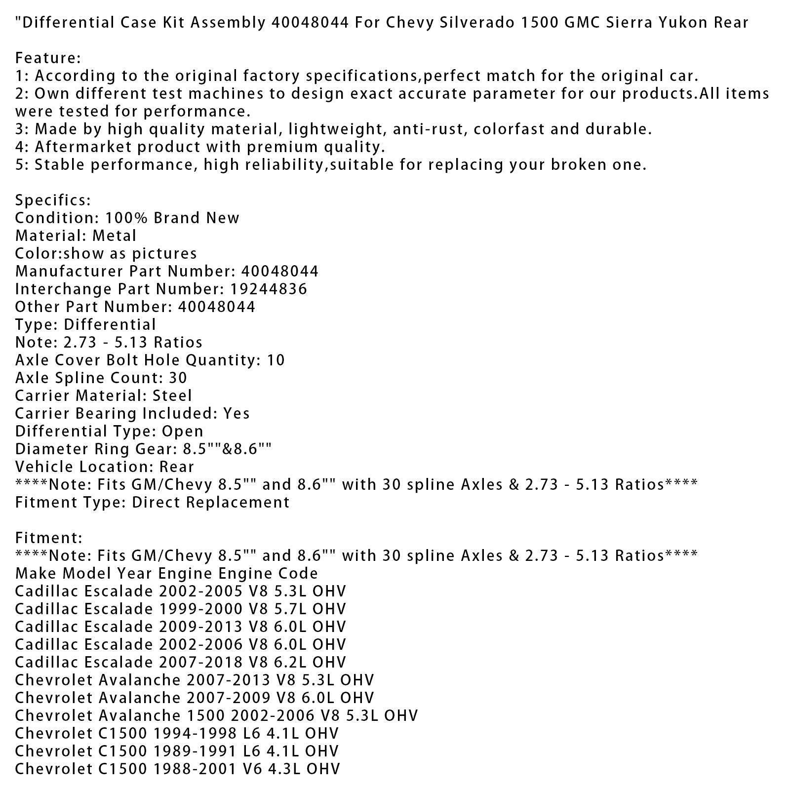 1988-1999 Chevrolet C1500 V8 5.0L OHV Differential Case Kit Assembly 40048044