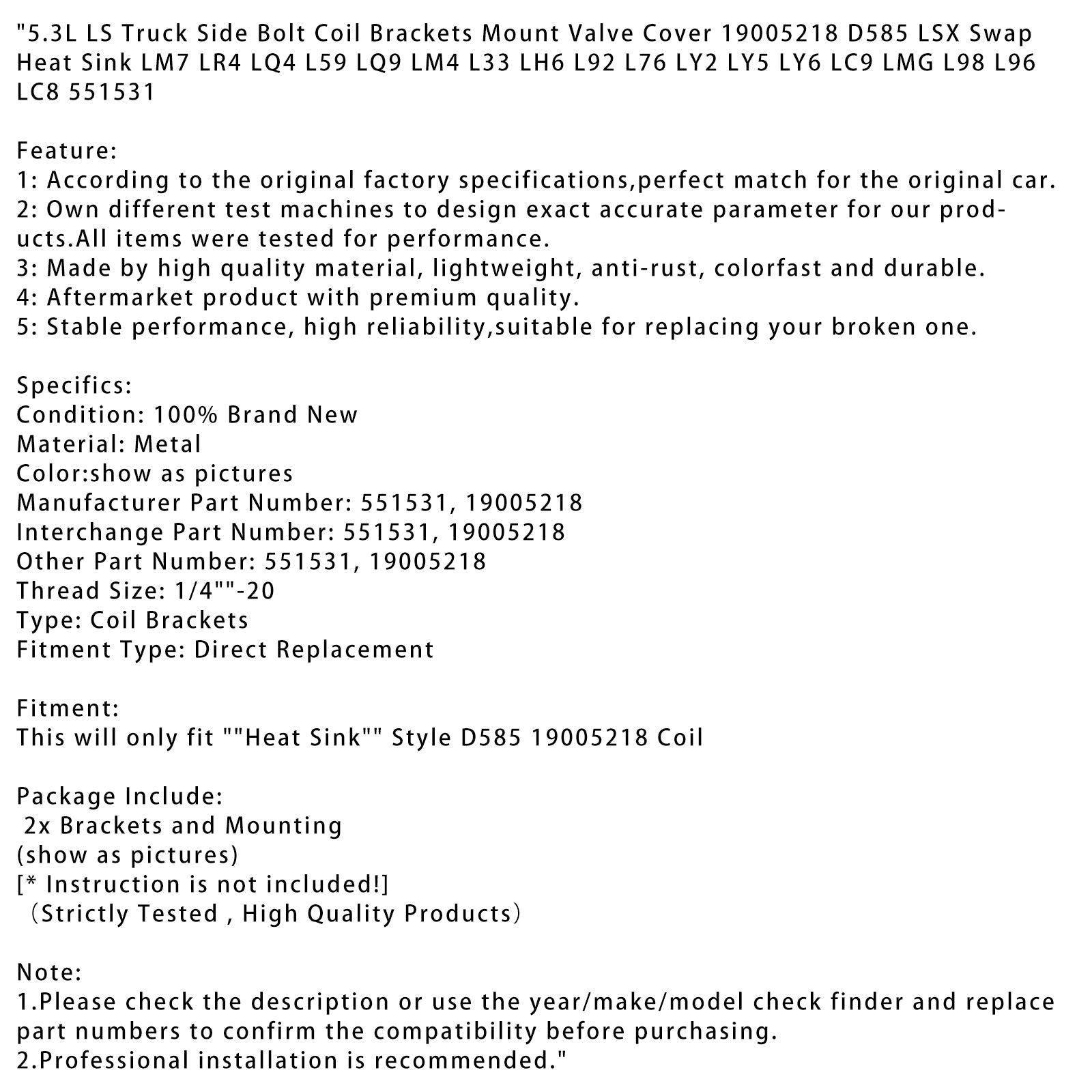 5.3L LS Truck Side Bolt Coil Brackets Mount Valve Cover 19005218 D585 LSX Swap