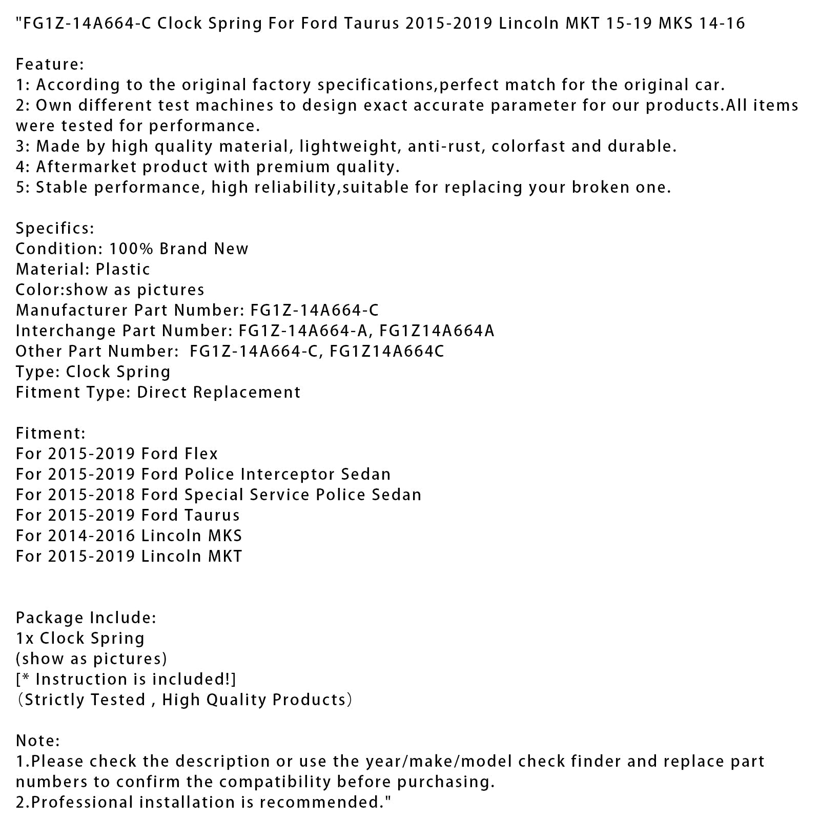 FG1Z-14A664-C Clock Spring For Ford Taurus 2015-2019 Lincoln MKT 15-19 MKS 2014-2016