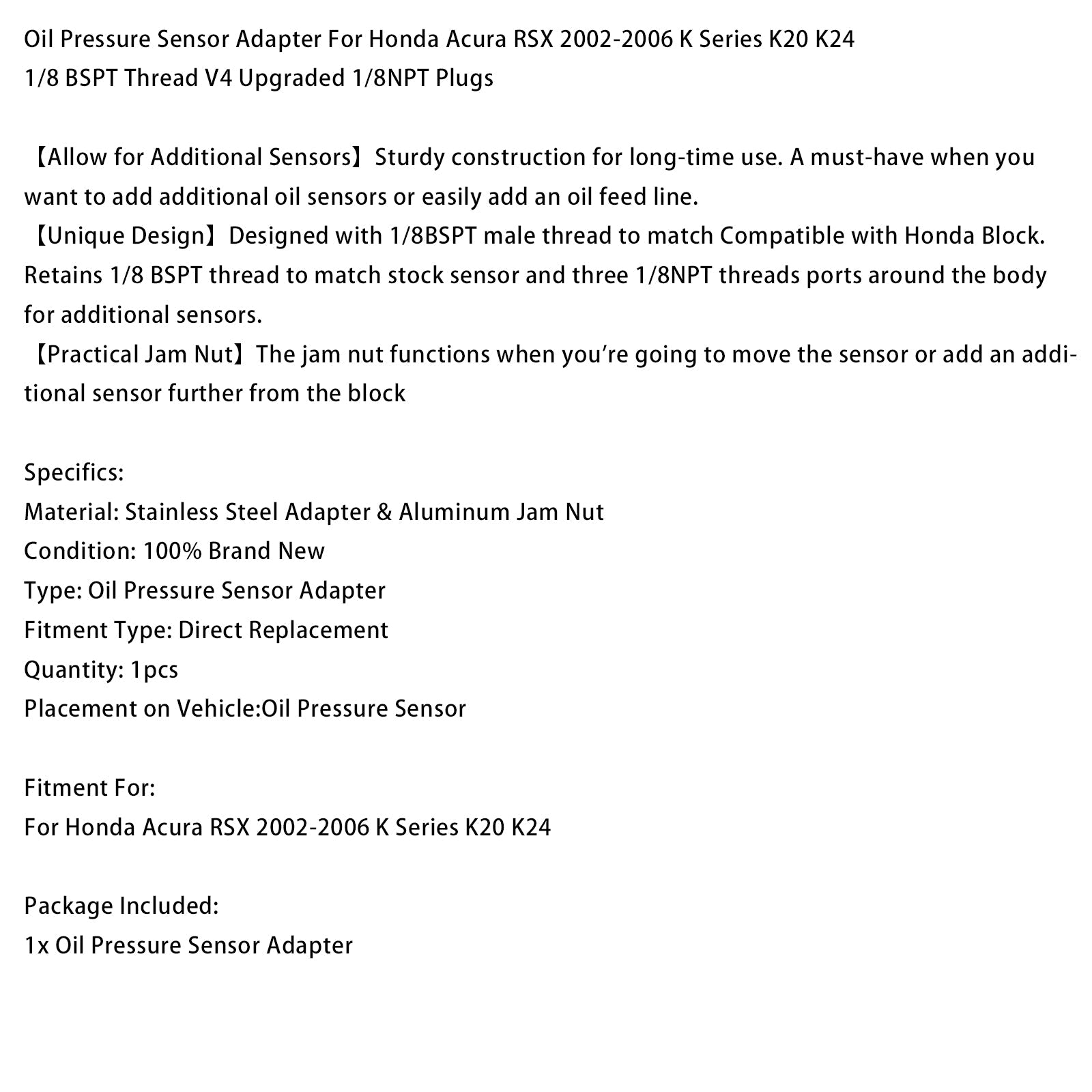 2002-2006 Honda Acura RSX K Series K20 K24 Oil Pressure Sensor Adapter