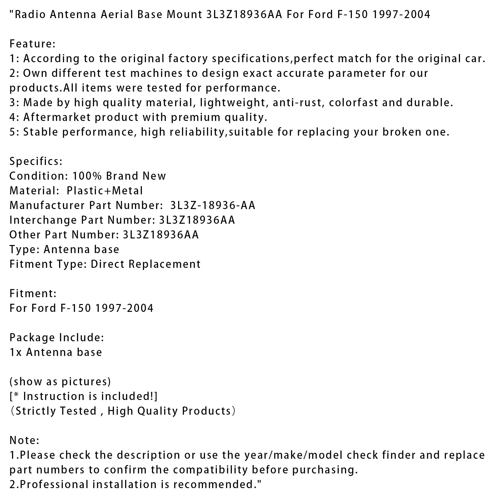 1997-2004 Ford F-150 Radio Antenna Aerial Base Mount 3L3Z18936AA