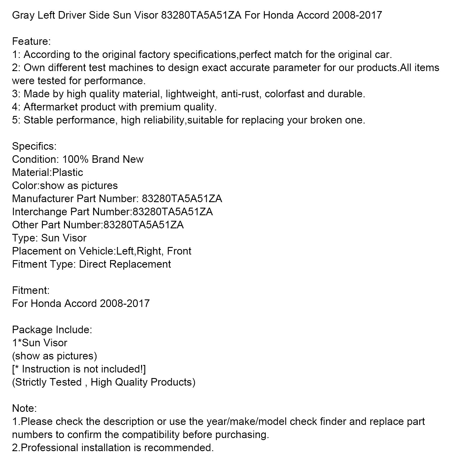 2008-2017 Honda Accord Gray Left Driver Side Sun Visor 83280TA5A51ZA