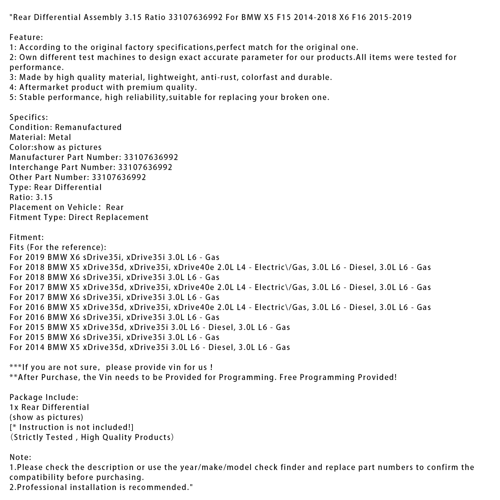 2015 BMW X6 sDrive35i, xDrive35i 3.0L L6 Rear Differential Assembly 3.15 Ratio 33107636992