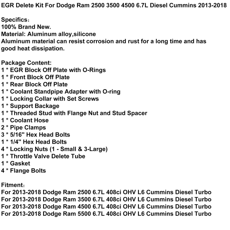2013-2018 Dodge Ram 2500 3500 4500 6.7L Diesel Cummins EGR Kit de eliminación