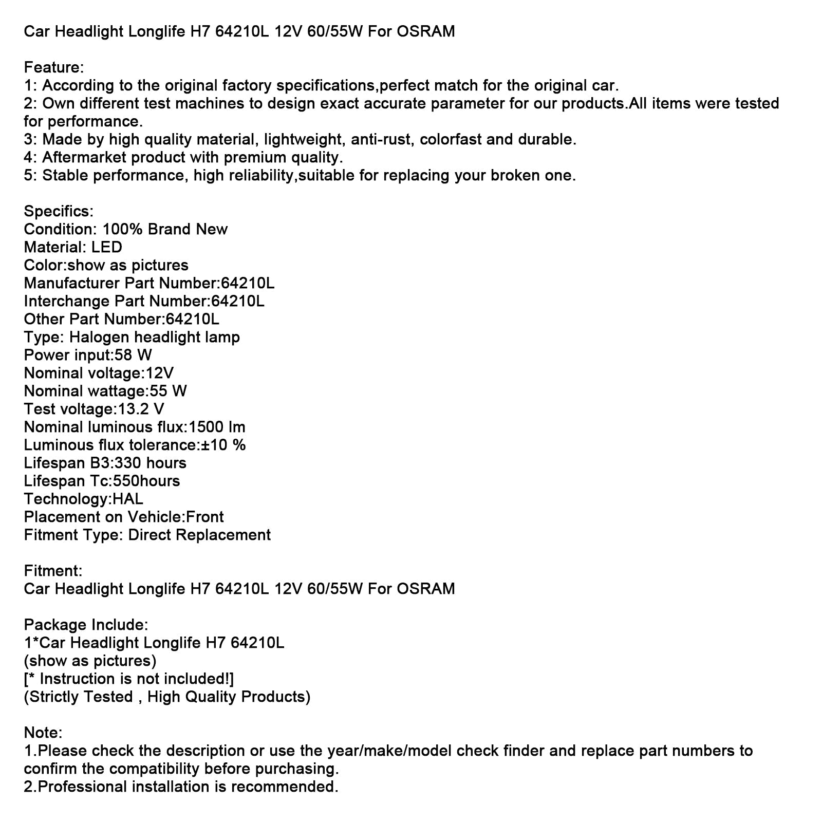 오스람용 자동차 헤드라이트 장수명 H7 64210L 12V 60/55W
