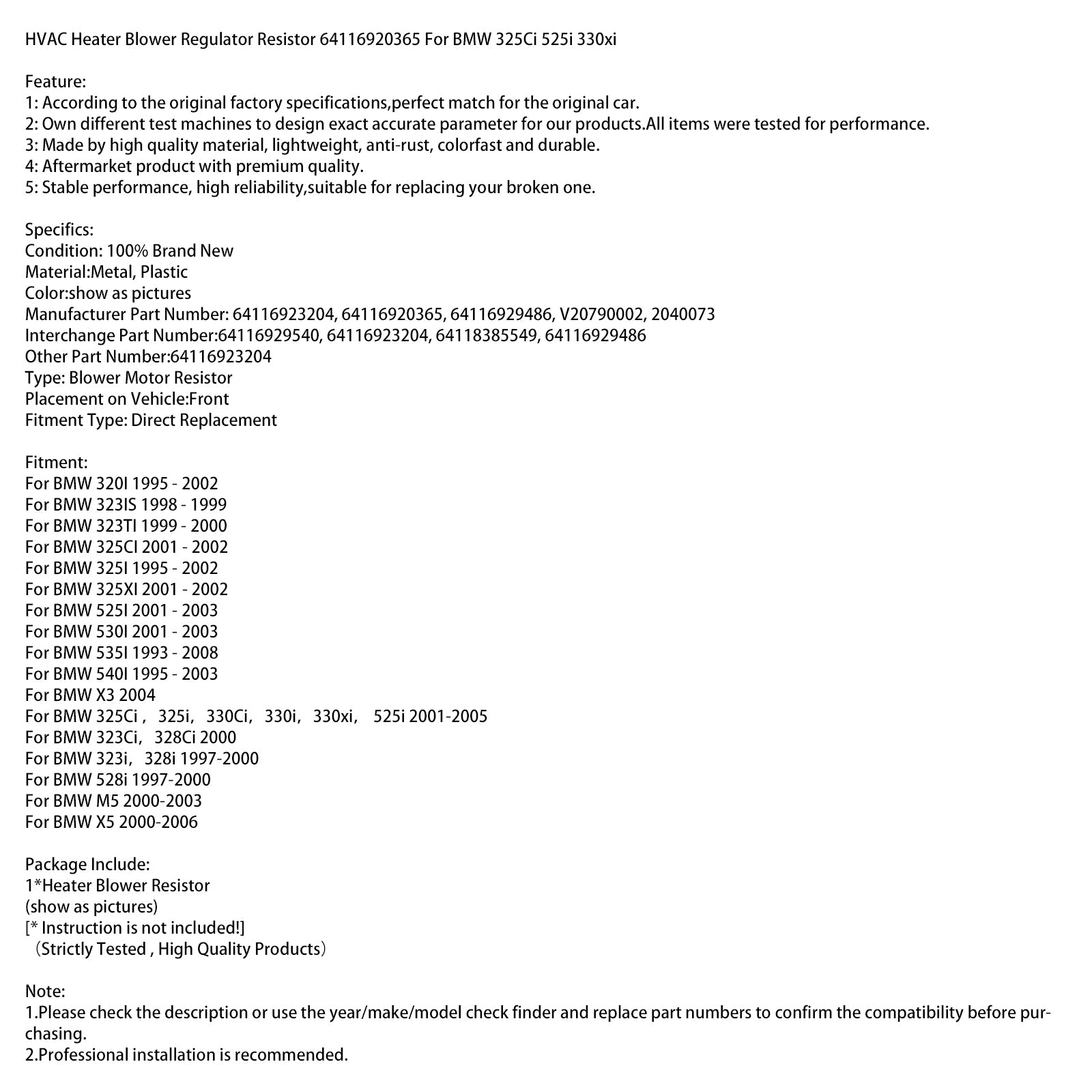 HVAC Heater Blower Regulator Resistor 64116920365 For BMW 325Ci 525i 330xi