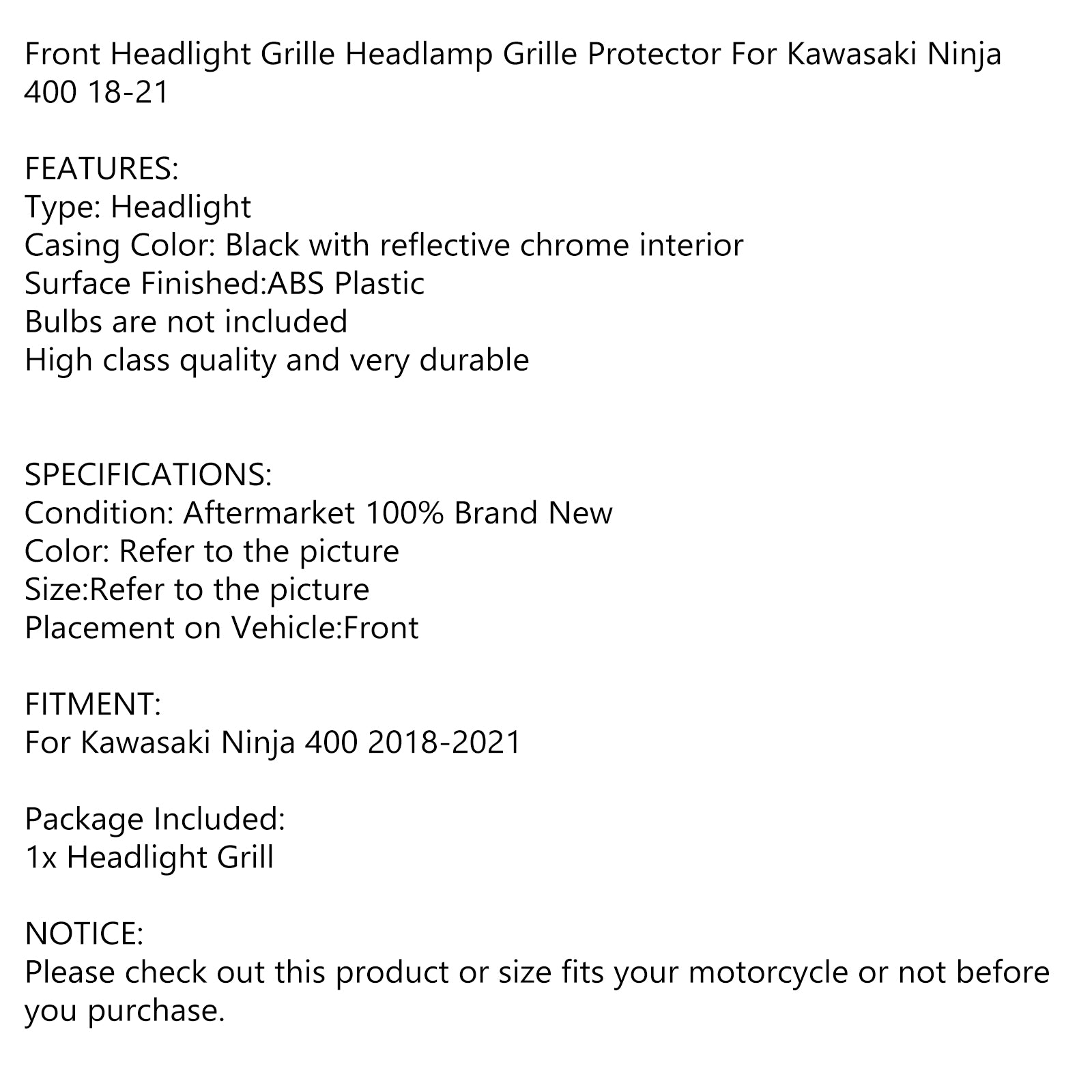 Front Headlight Grille Lamp Grille Protector Smoke For Kawasaki Ninja 400 18-23