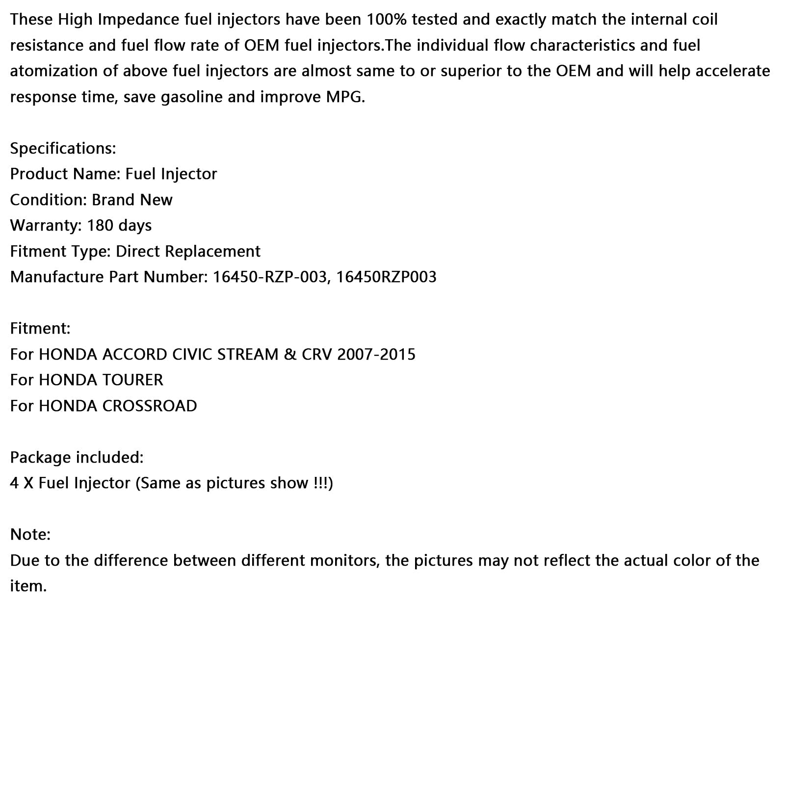 4PCS Fuel Injector 16450-RZP-003 Fit Honda Accord Civic Stream CRV Tourer 2.0L