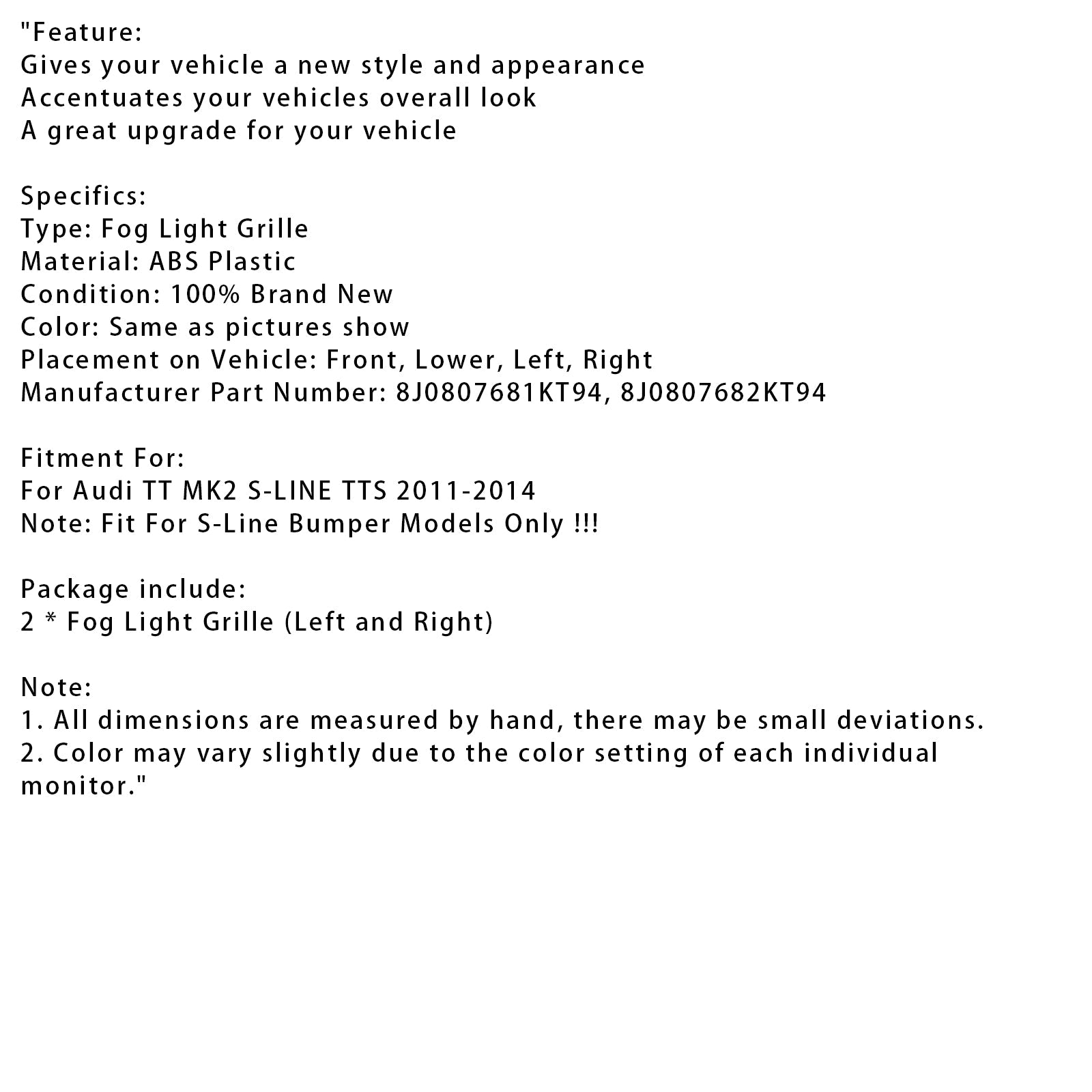 2011-2014 Audi TT MK2 S-Line TTS Chrome Front Bumper Fog Light Grille