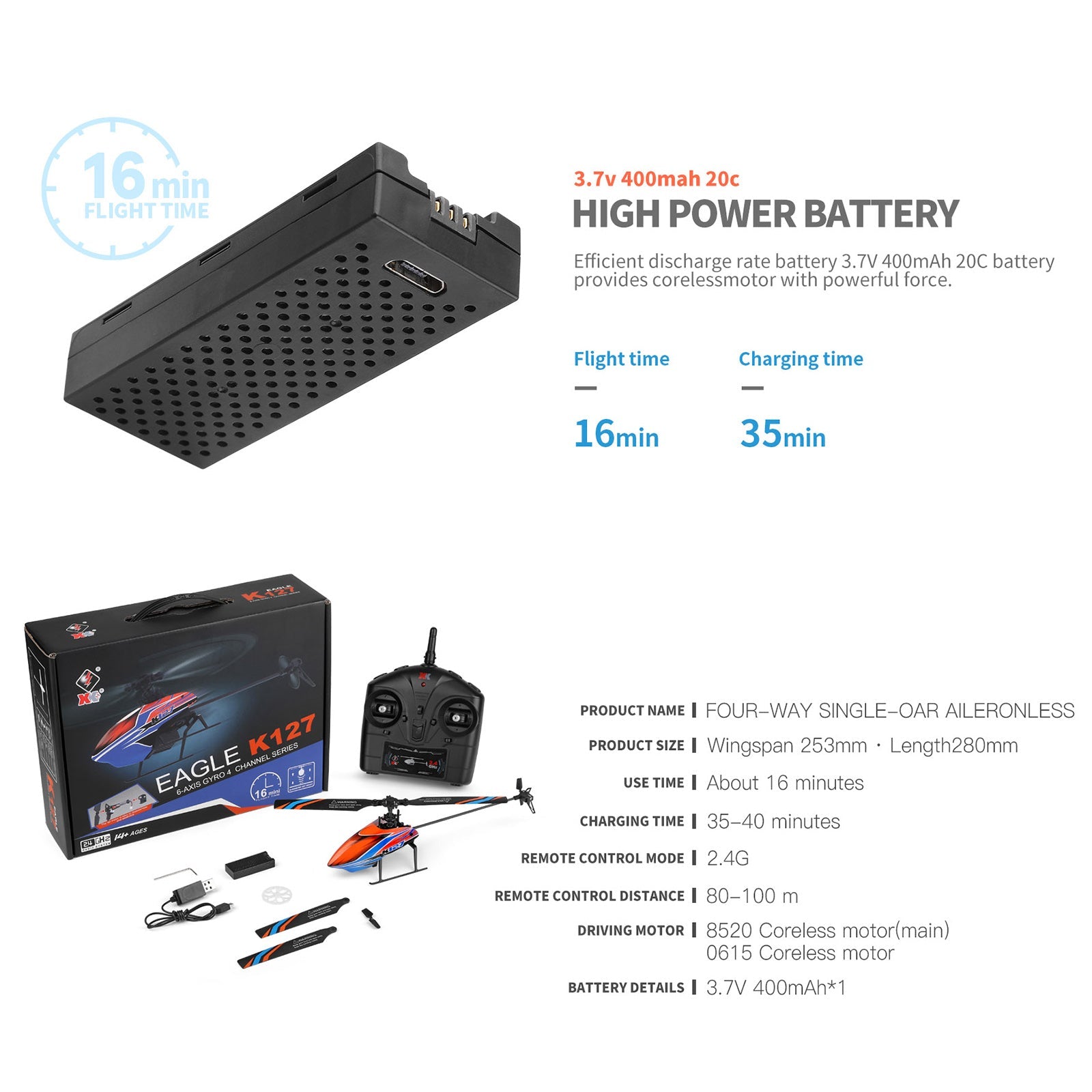 Wltoys K127 Helicopter 2.4G 4CH 6-Aixs Gyroscope Hover RC Helicopter RTF Toy