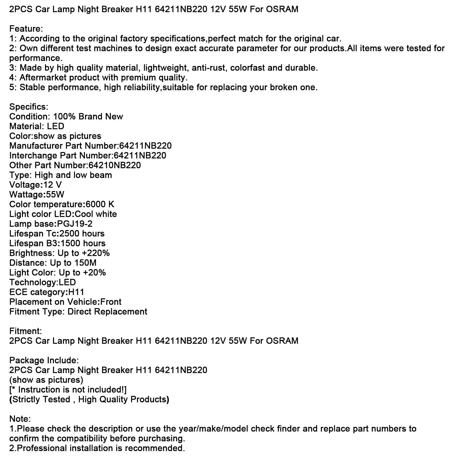 오스람용 H11 64211NB220 12V 55W 자동차 램프 나이트 브레이커 2개