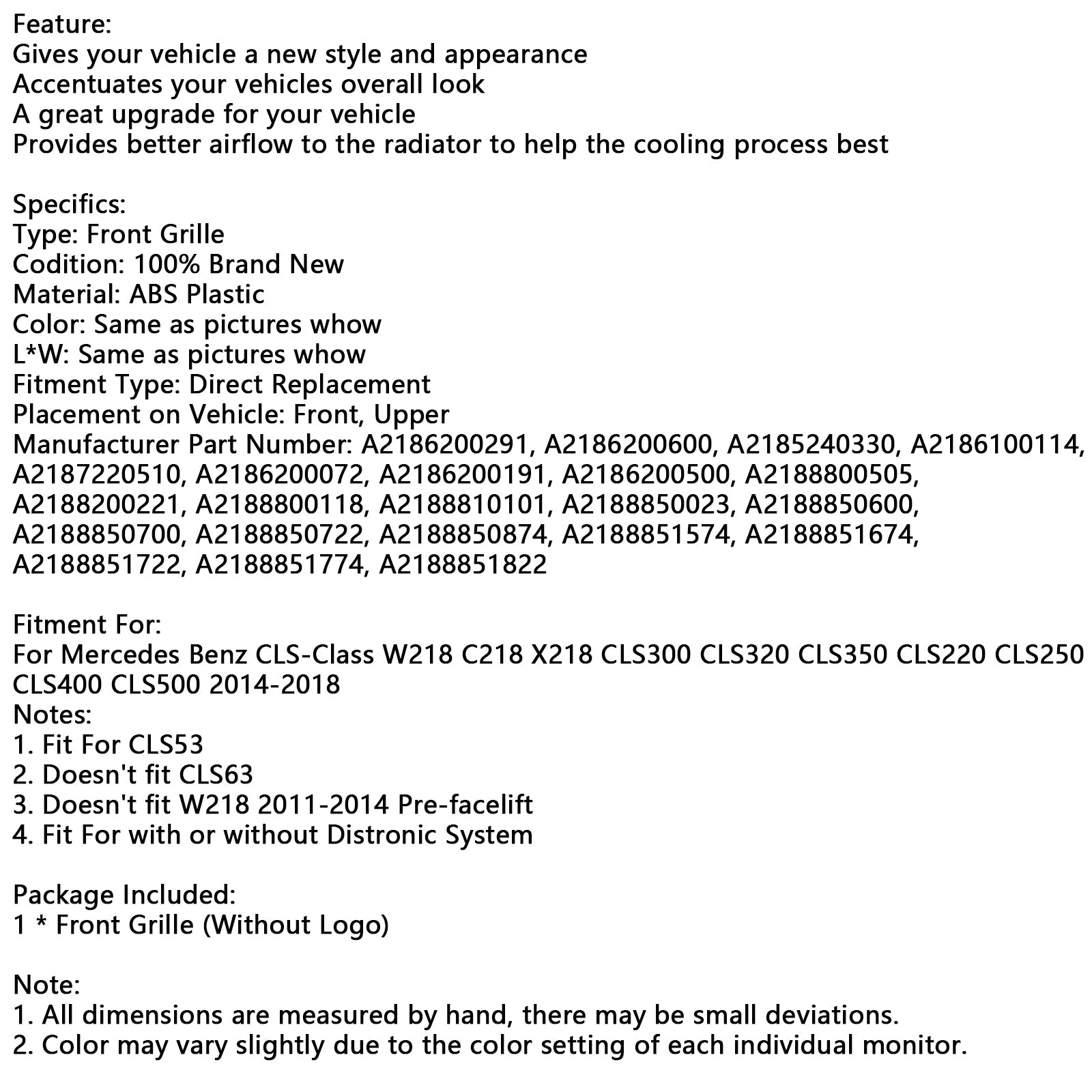 2015-2018 Mercedes Benz CLS-Class W218 CLS350 Front Bumper Grill Grille A2186200291